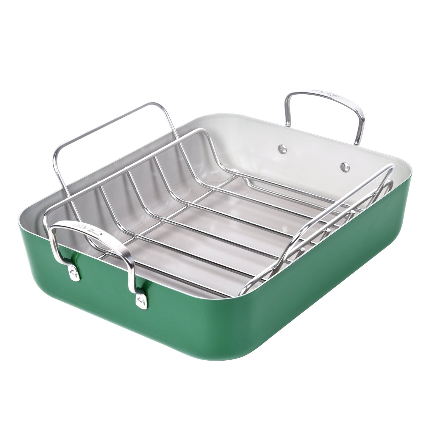 Size 18.8" Aluminum Non Stick Roaster with Stainless Steel Rack, Green