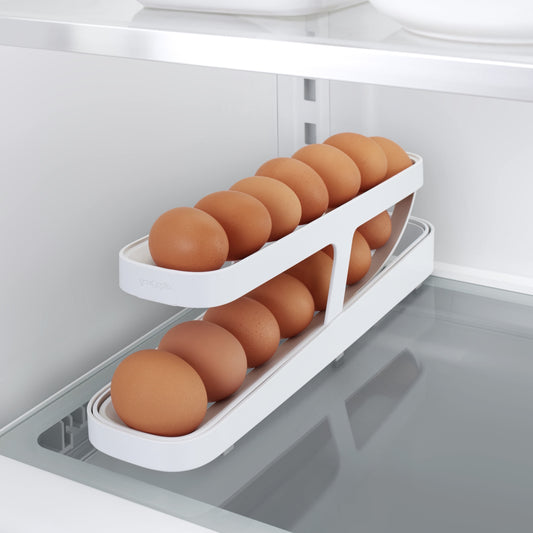 Rolldown® Egg Dispenser, Space-Saving Rolling Organizer for Fridge, Refrigerator Bin, White