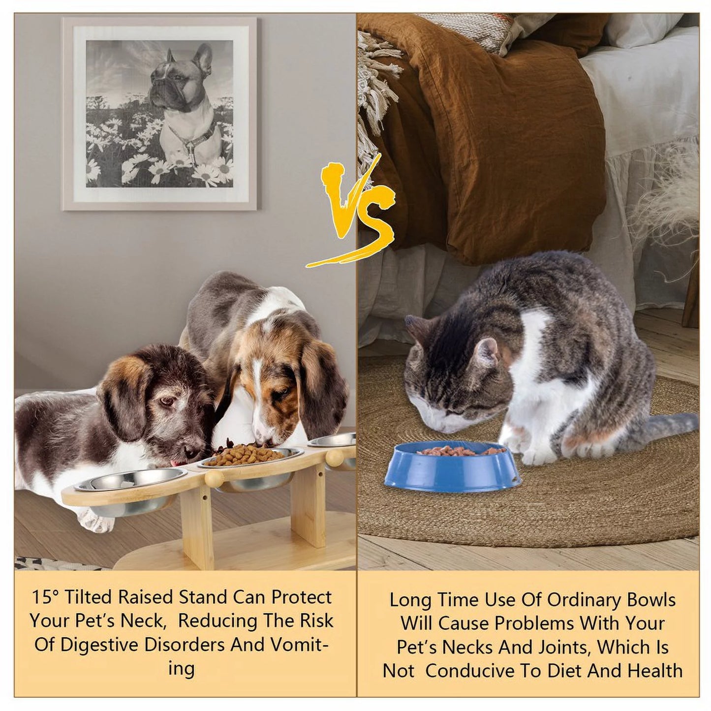 Wooden Elevated Cat Bowls, 15° Tilted Raised Pet Food Bowls, Adjustable Cat Dog Bowl Feeding Station with 3 Stainless Steel Bowls for Cats Puppy Small Dogs Feeder