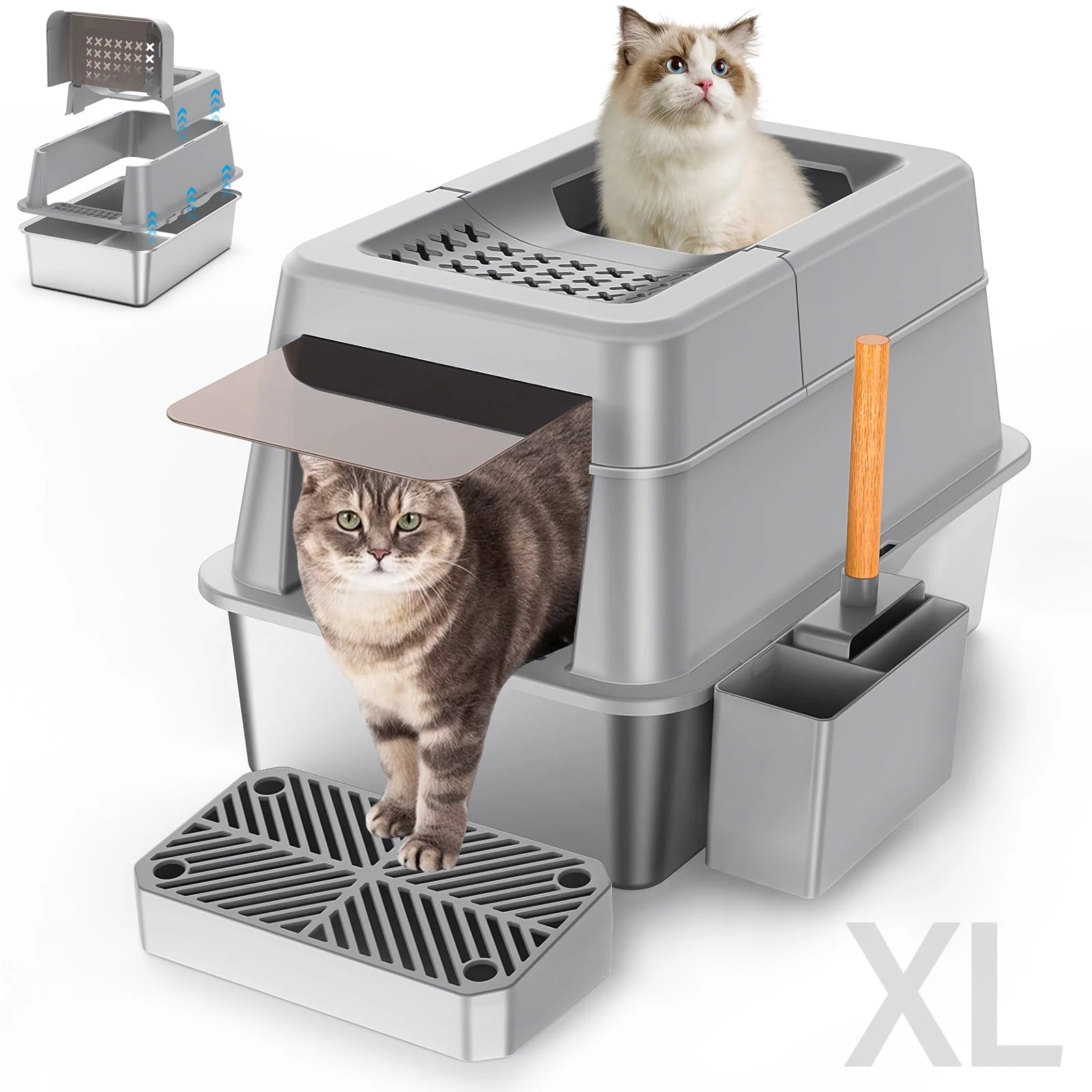 XL Stainless Steel High-Sided Cat Litter Box with Plastic Trays, Scoop, Storage Box, Filter Pedal, Gray