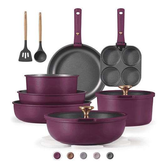 20 Pcs Nonstick Cookware Sets, Pots and Pans Set with Detachable Handles, Oven Safe, Induction Cookware, Stackable Kitchen Cooking Set, Ultra Violet