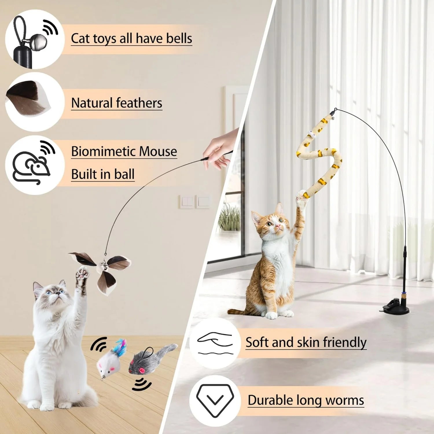 4-in-1 Interactive Cat Feather Toy Set with 12 Durable Teaser Replacements, Enhanced Suction Cup Wand, and Dual Door Hanging String Toys for Indoor Kittens