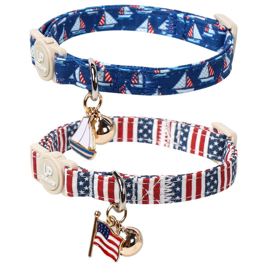 Patriotic 4th of July Cat Collar Set - 2-Pack Breakaway Kitten Collars with Flag Design