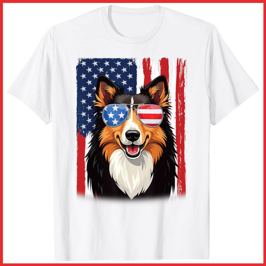 USA America Flag Rough Collie Dog 4Th of July Patriotic White Cotton T-Shirt