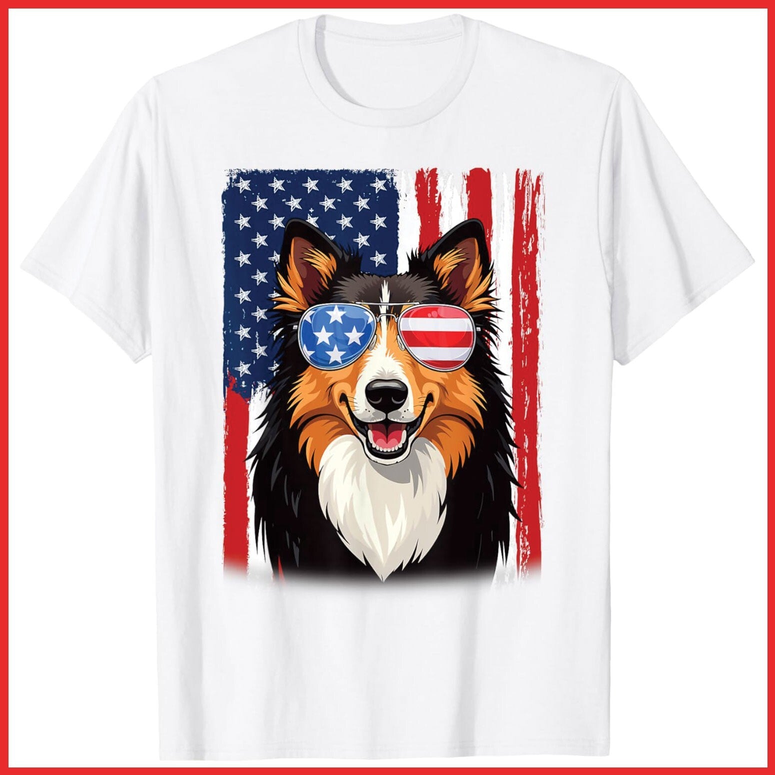 USA America Flag Rough Collie Dog 4Th of July Patriotic White Cotton T-Shirt