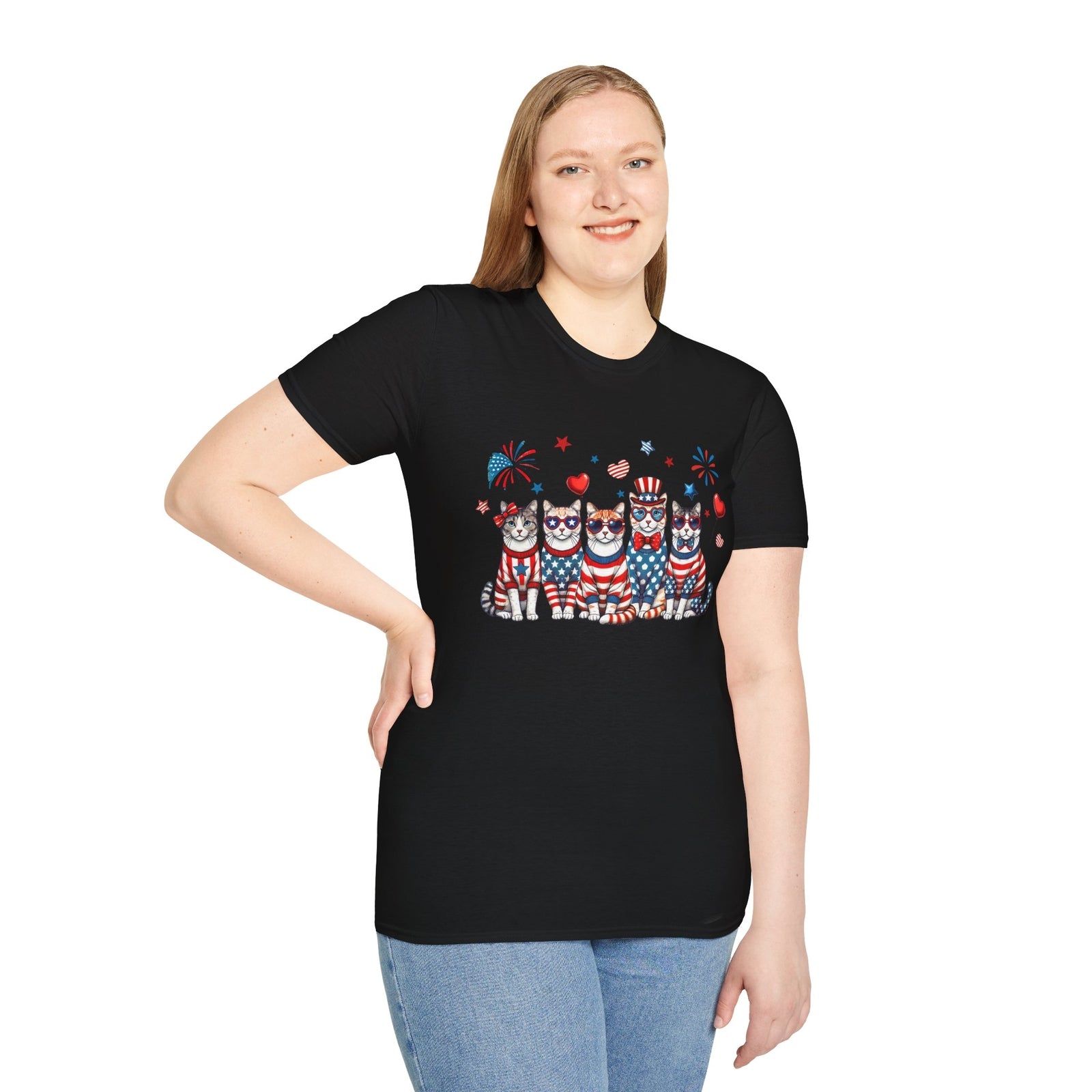 Patriotic Cat Unisex Softstyle T-Shirt for Fourth of July Celebrations