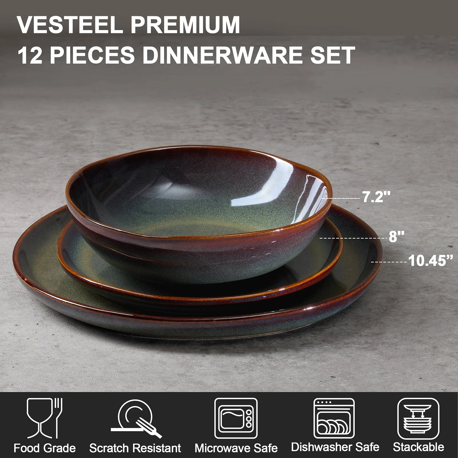 Dinnerware Set for 4, 12 Pieces Premium Stoneware Plates and Bowls Set, Handmade Reactive Glaze Dishes for Home, Chip & Scratch Resistant, Microwave and Dishwasher Safe - Forest Green