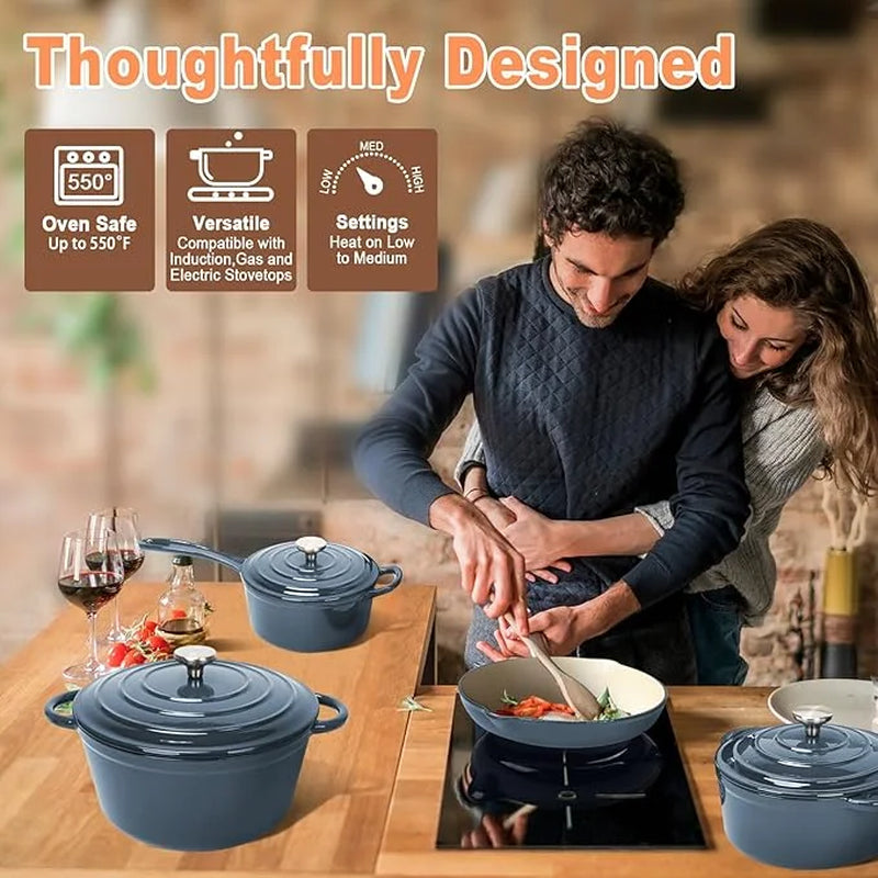 Enameled Cast Iron Cookware Set, 7 Piece Set of Dutch Ovens, Sauce Pan, Skillet, 3 Lids, Dutch Oven Set, Nonstick Ceramic Coated, Gas/Induction Compatible, PFA Free, Come with Organizer, Navy