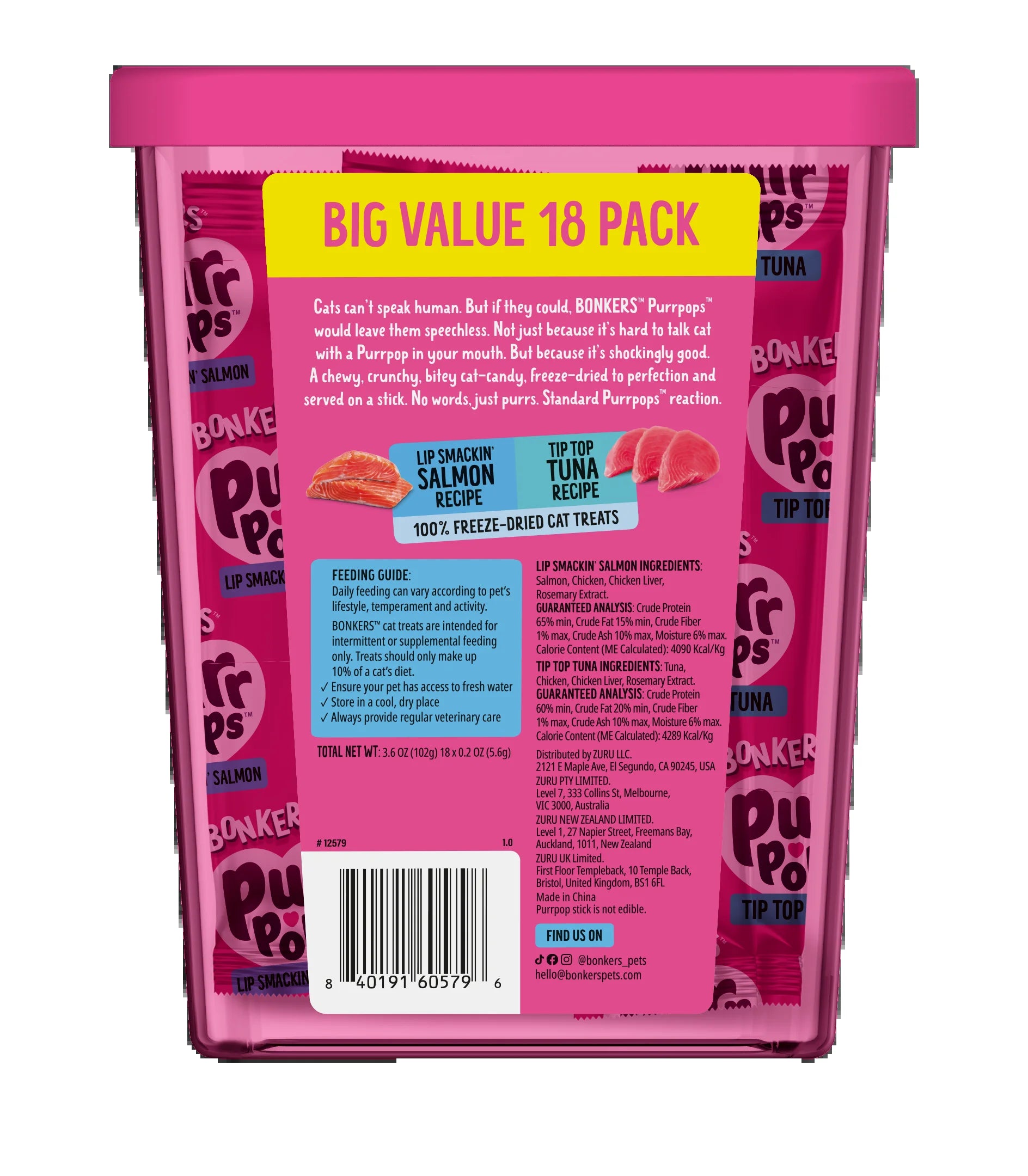 Purrpops Freeze-Dried Tuna and Salmon Flavored Cat Treats, 18-Piece Pouch