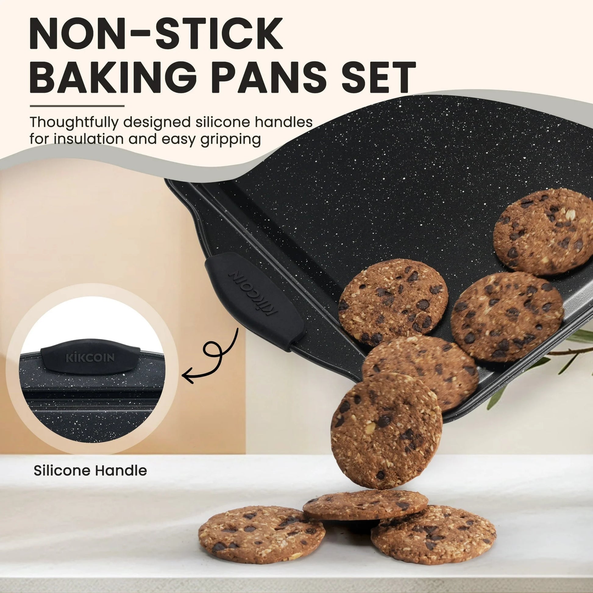 Nonstick Bakeware Set, 21-Piece Durable Carbon Steel Baking Pans with Silicone Handles, Cookie Sheets (Black)