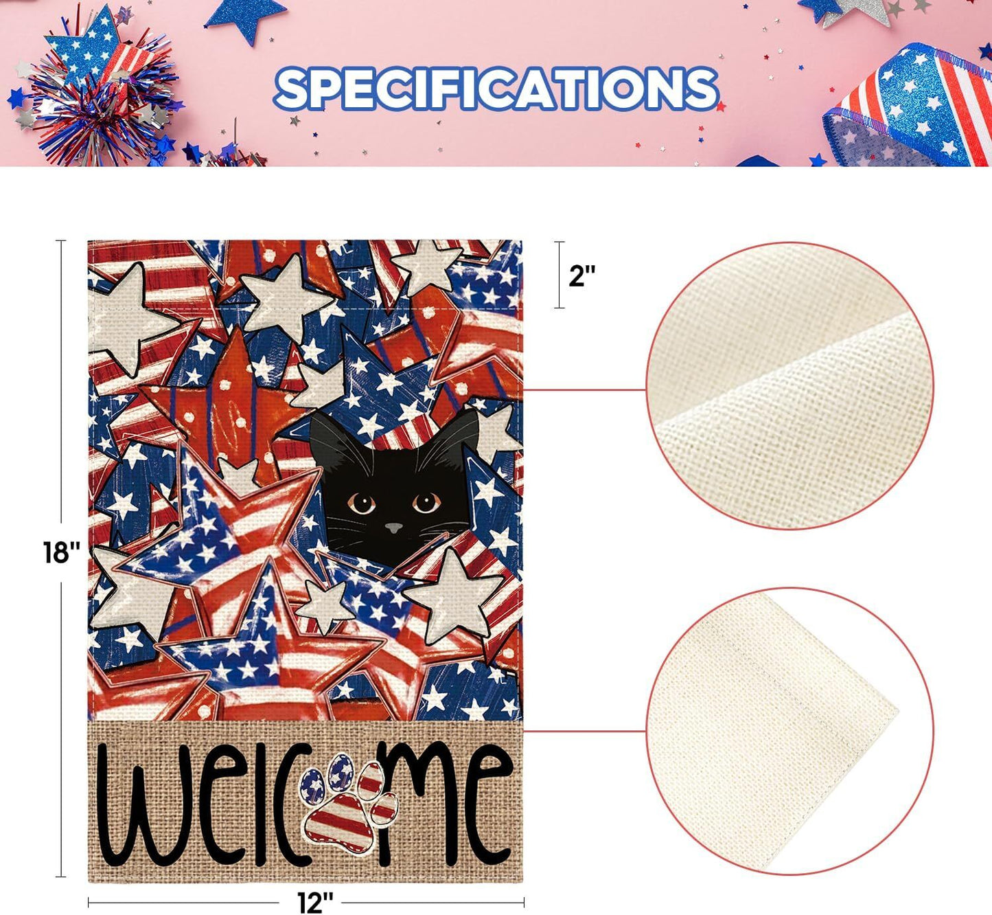 Patriotic 4Th of July Garden Flag 12X18 Inch Double Sided Outside, Black Cat Ame