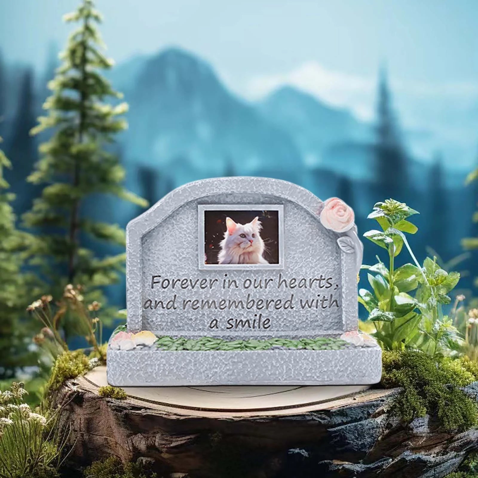 Outdoor Resin Pet Memorial Stone for Gardens - Weatherproof Dog/Cat Grave Marker with Photo Slot, 3 Engraved Designs, Pet Loss Sympathy Gift & Cremation Keepsake