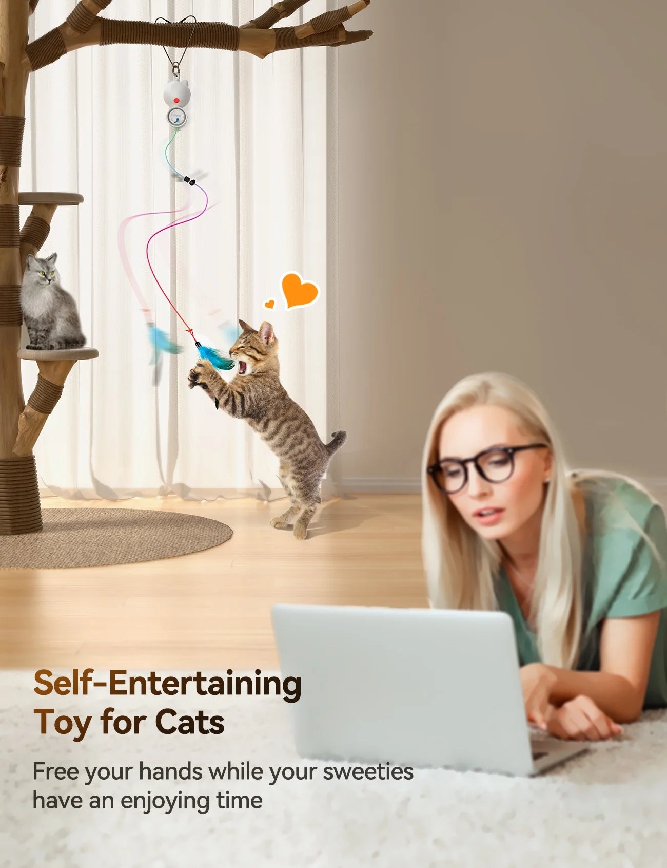 2-in-1 Automatic Laser Teaser Cat Toy for Indoor Cats, USB Rechargeable Interactive Self-Play Device, White