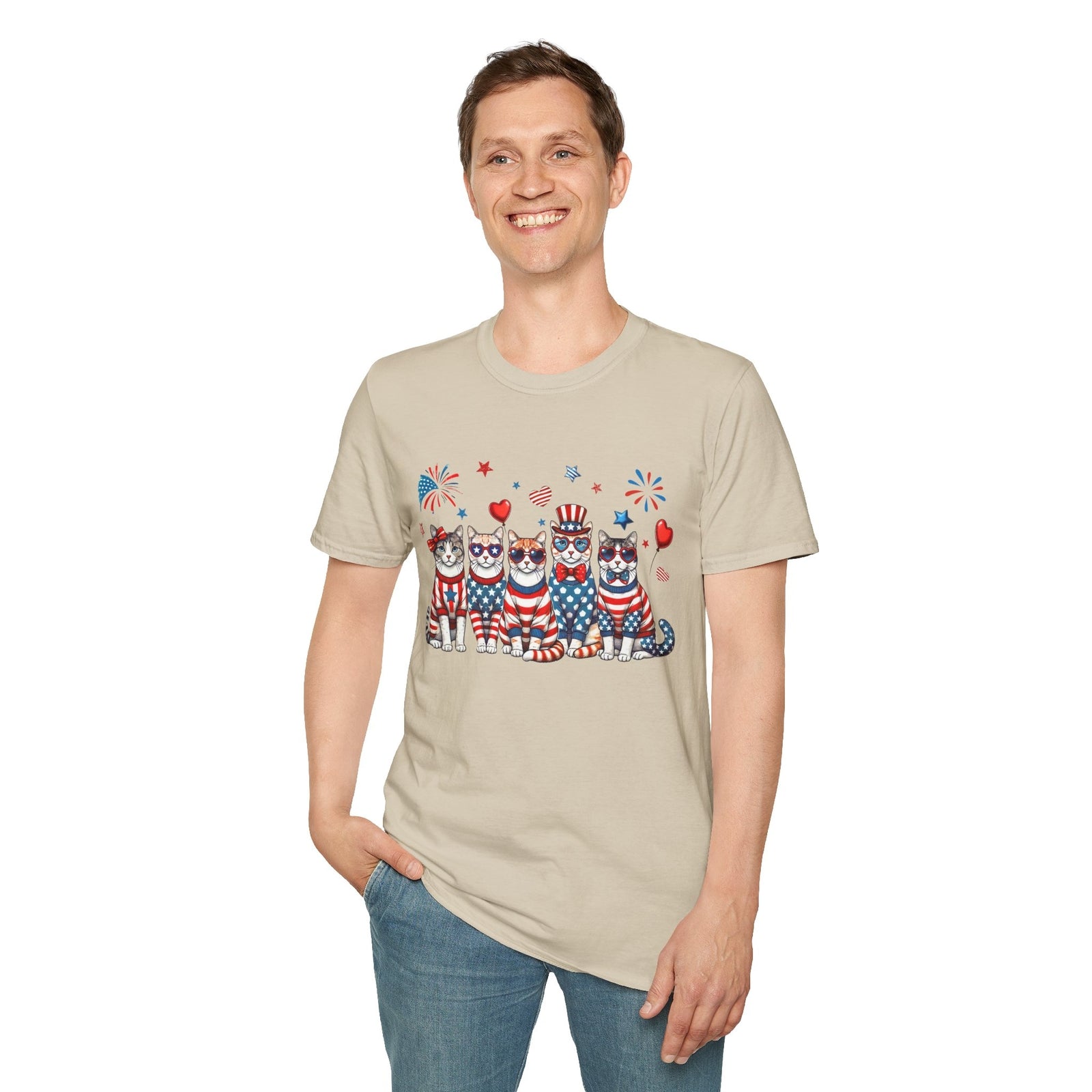 Patriotic Cat Unisex Softstyle T-Shirt for Fourth of July Celebrations