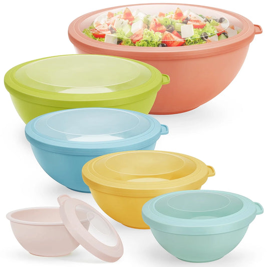 6Pcs Mixing Bowl Set with Lids, Plastic Nesting Bowls for Mixing, Storage, Kitchen Prepping, Serving Food, Microwave & Dishwasher Safe - Multi-Color