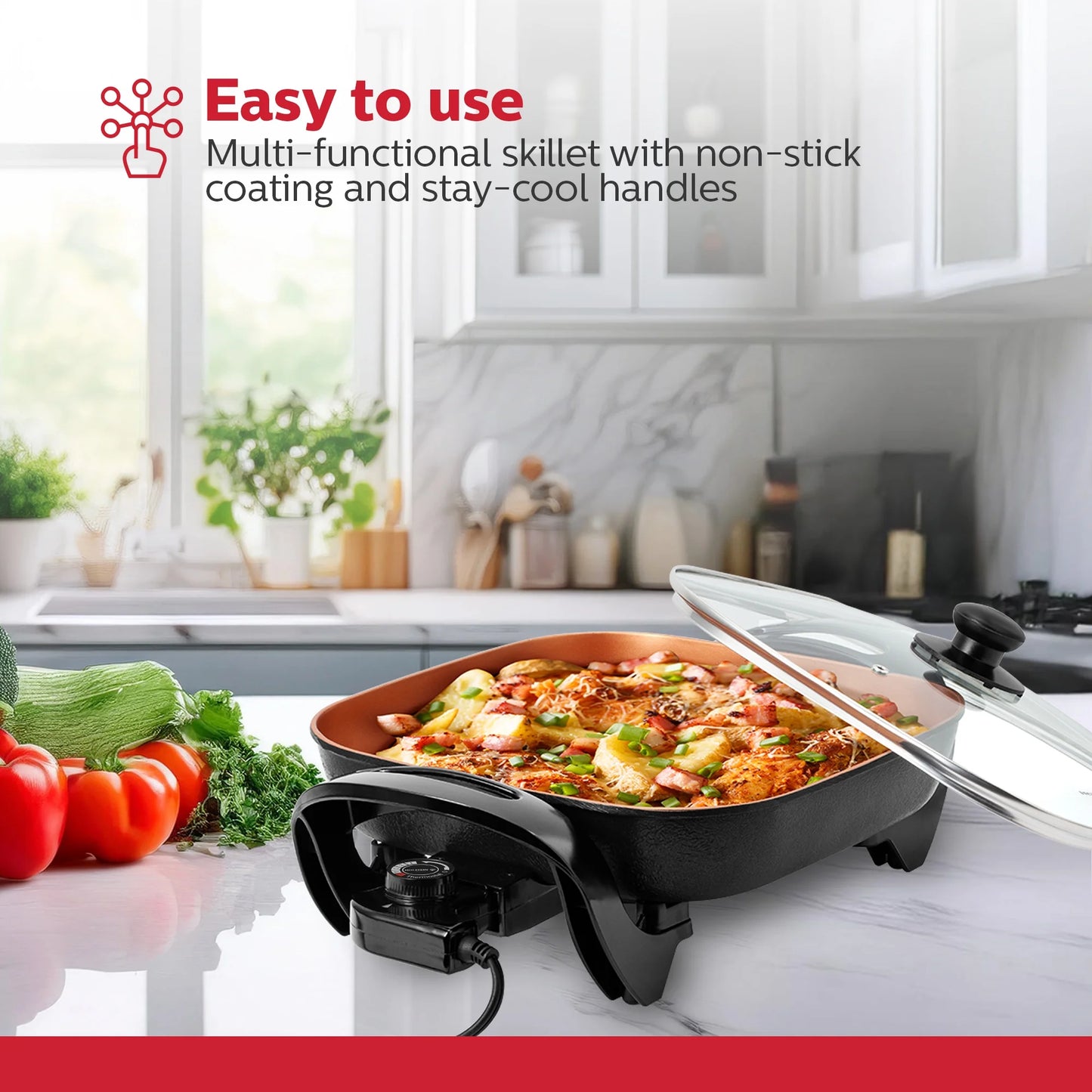 12-Inch Electric Skillet with Non-Stick Coating, Glass Lid, and Removable Probe, Copper and Black