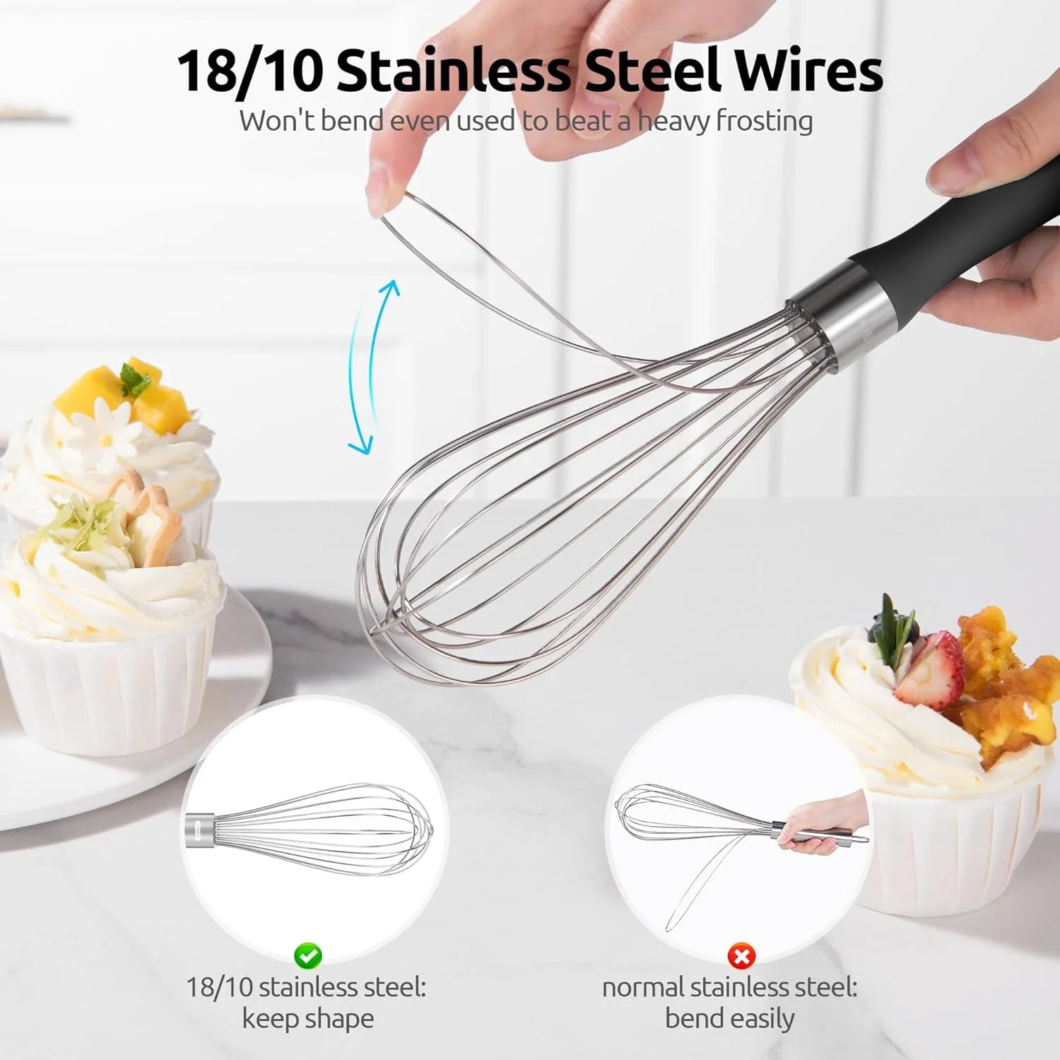 Balloon Whisk for Cooking: 18/10 Stainless Steel Kitchen Wire Whisk, Medium Heavy Duty Egg Beater, Manual Baking Mixing Tool with 8 High Flex Wires for Stirring, Blending Sauce (Black)