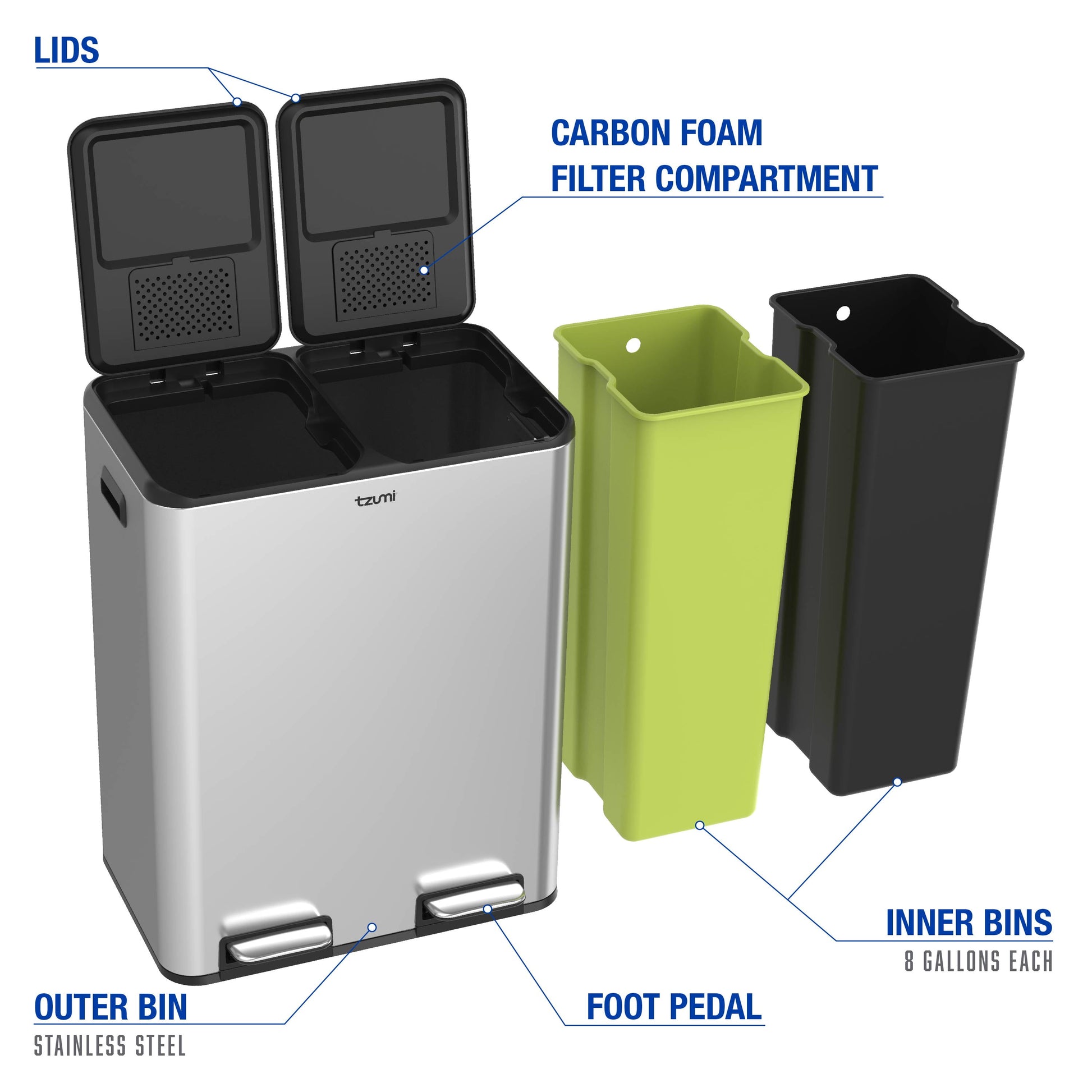 Dual-Compartment Recycling Bin Stainless Steel Trash Can for Kitchen, 16 Gallon Total