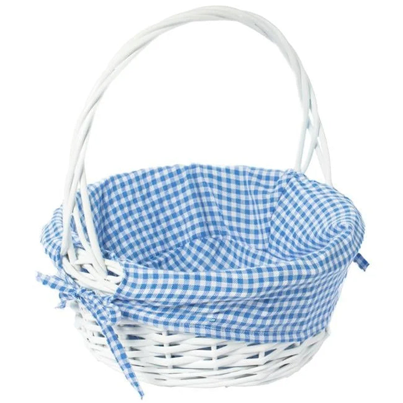 White round Willow Gift Basket, with Blue and White Gingham Liner and Handles, Small