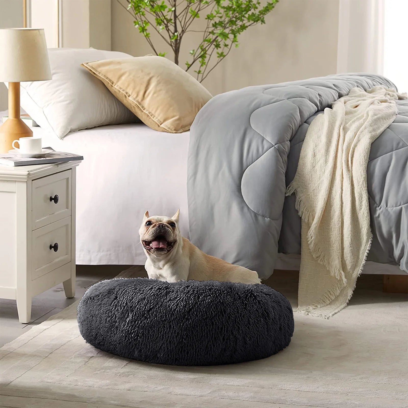 Calming Donut Dog Bed Anti-Anxiety, Self Warming, Cozy Soft Plush round Pet Bed, Ideal for Both Home & Travel, 24"L X 24"W X 8"H