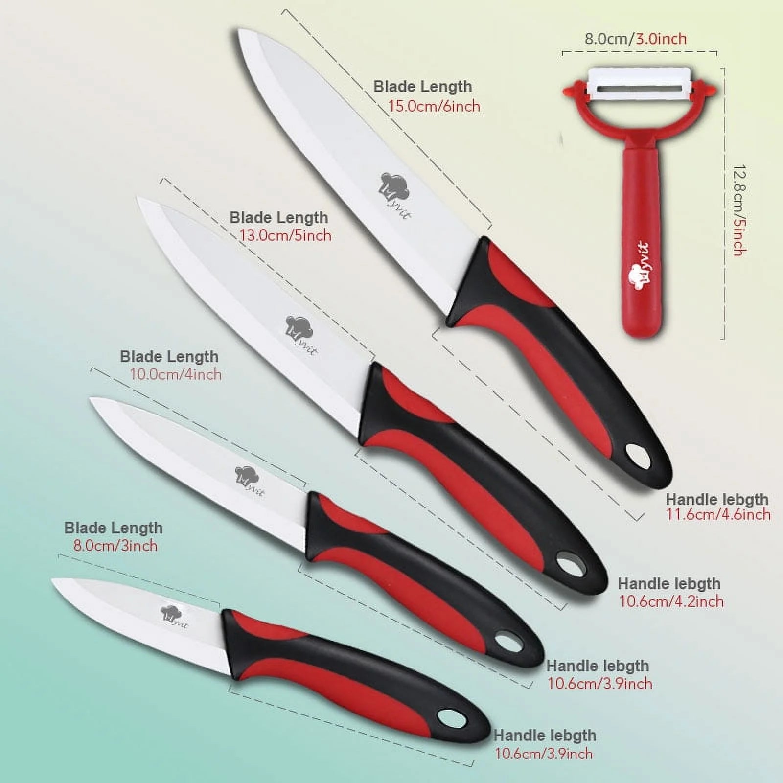 Myvit Ceramic Knives Set for Kitchen Rustproof Blade with Covers.6",5",4",3" in Paring Knife