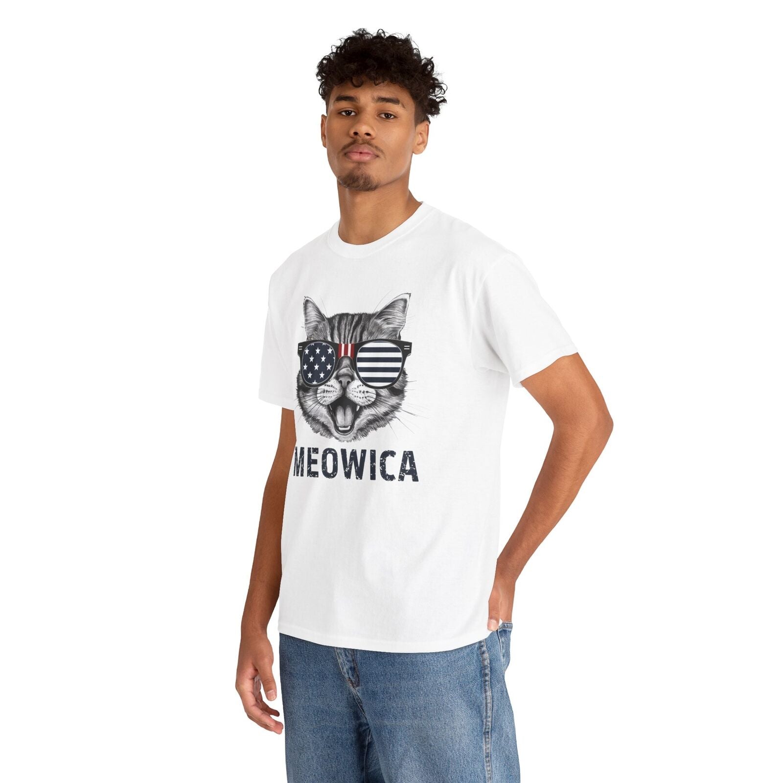 4Th of July Meowica American Flag USA T-Shirt - Novelty Cat Graphic Tee