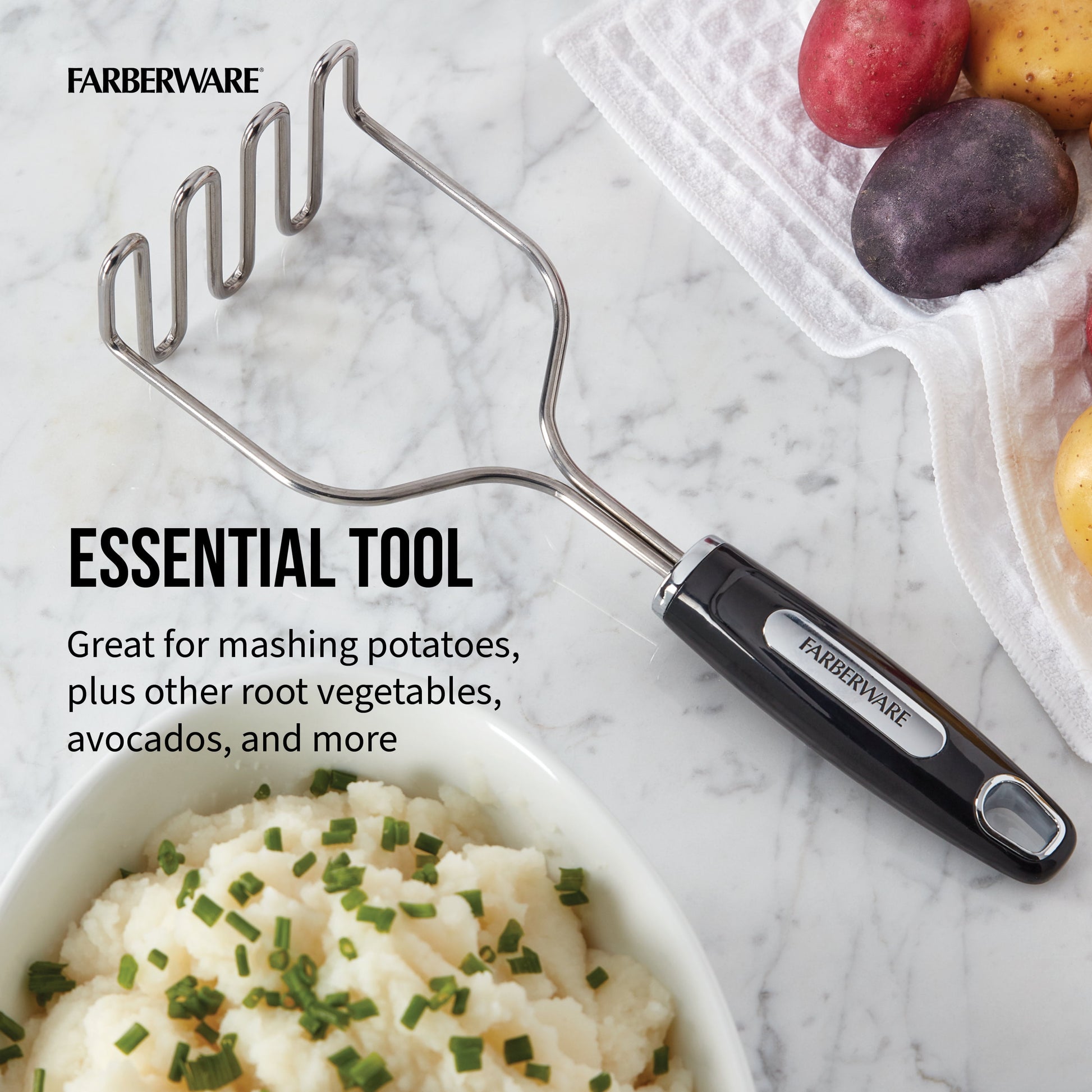 Professional Stainless Steel Potato Masher with Black Handle