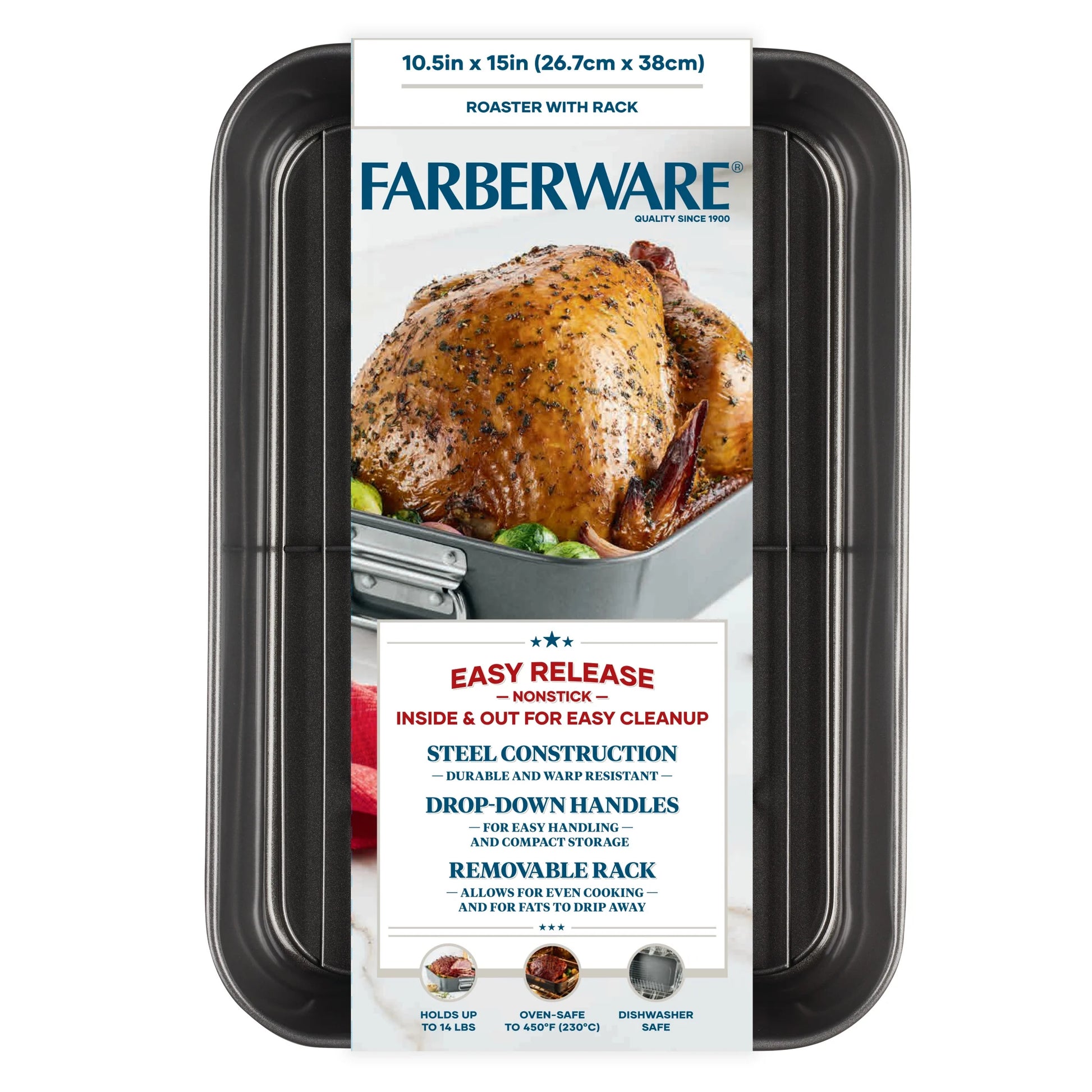 Bakeware Roasting Pan with Removable Flat Rack - 10.5X15 Inches, Dishwasher Safe, Oven-Safe to 450°F, Non-Stick Finish, Gray