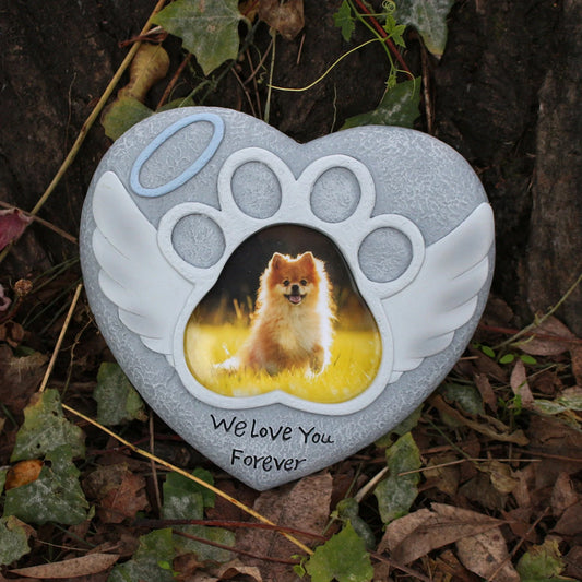 Pet Memorial Stones for Dog or Cats,Dog Memorial Stones with Photo Frame,Loss of Dog Sympathy Gift Indoor Display,Pet Grave Markers Dog Bereavement Gifts Outdoor Tombstone Heart Shaped Carve