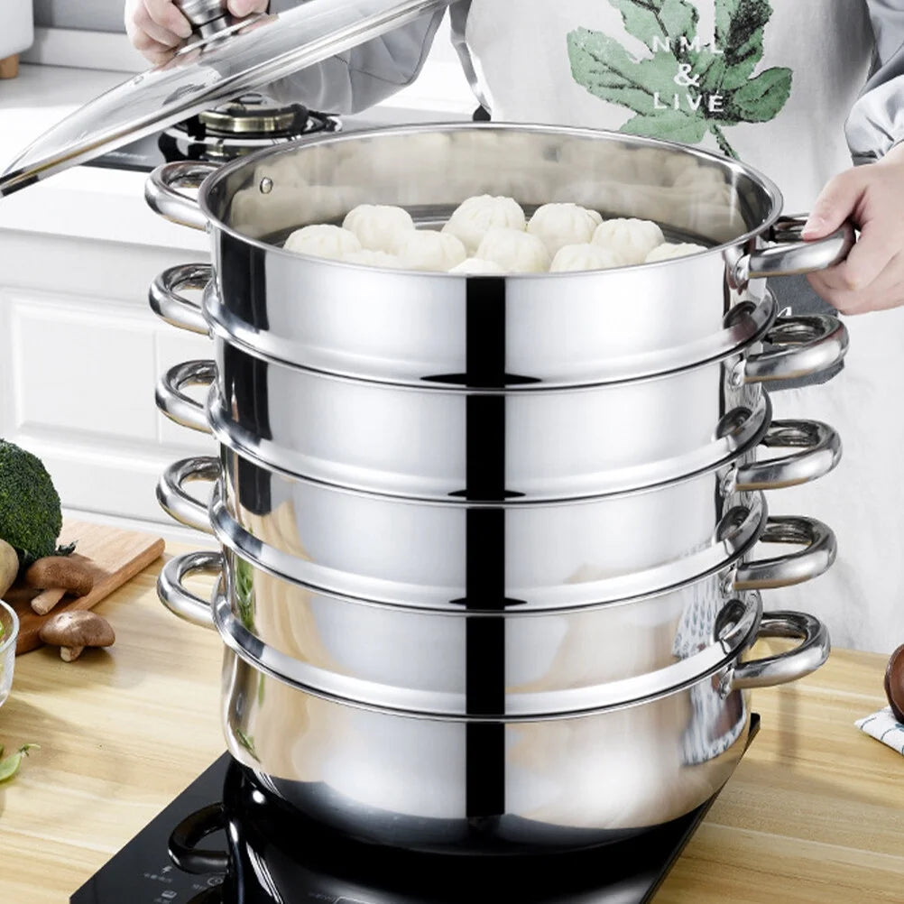 5 Tier Multi Tier Layer Stainless Steel Steamer Pot for Cooking with Stackable Pan Insert/Lid, Food Steamer, Vegetable Steamer Cooker, Steamer Cookware Pot