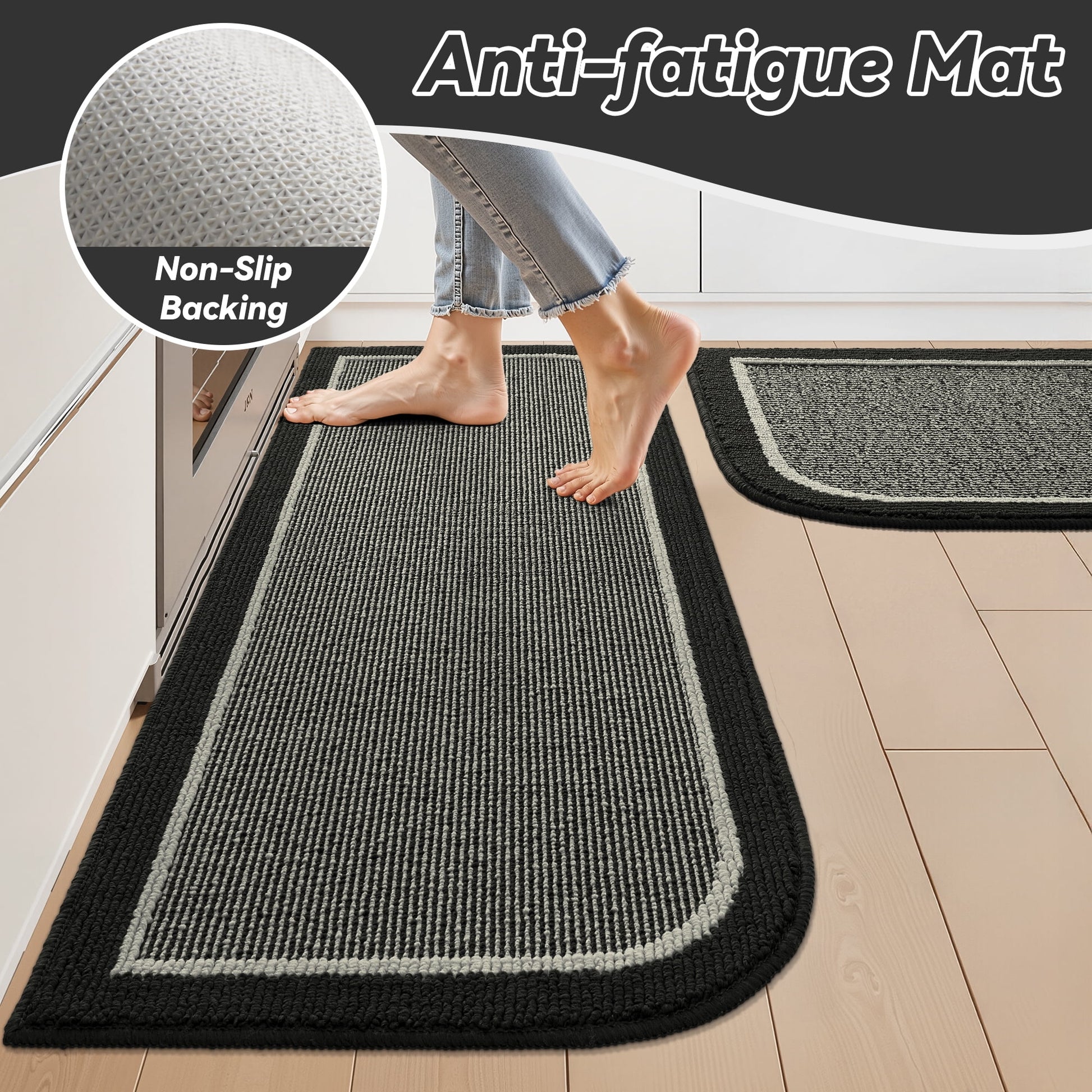 Non-Slip Kitchen Rug, Washable 20"X32" Twill Floor Mat, Half Circle Design for Sink, Laundry, Black