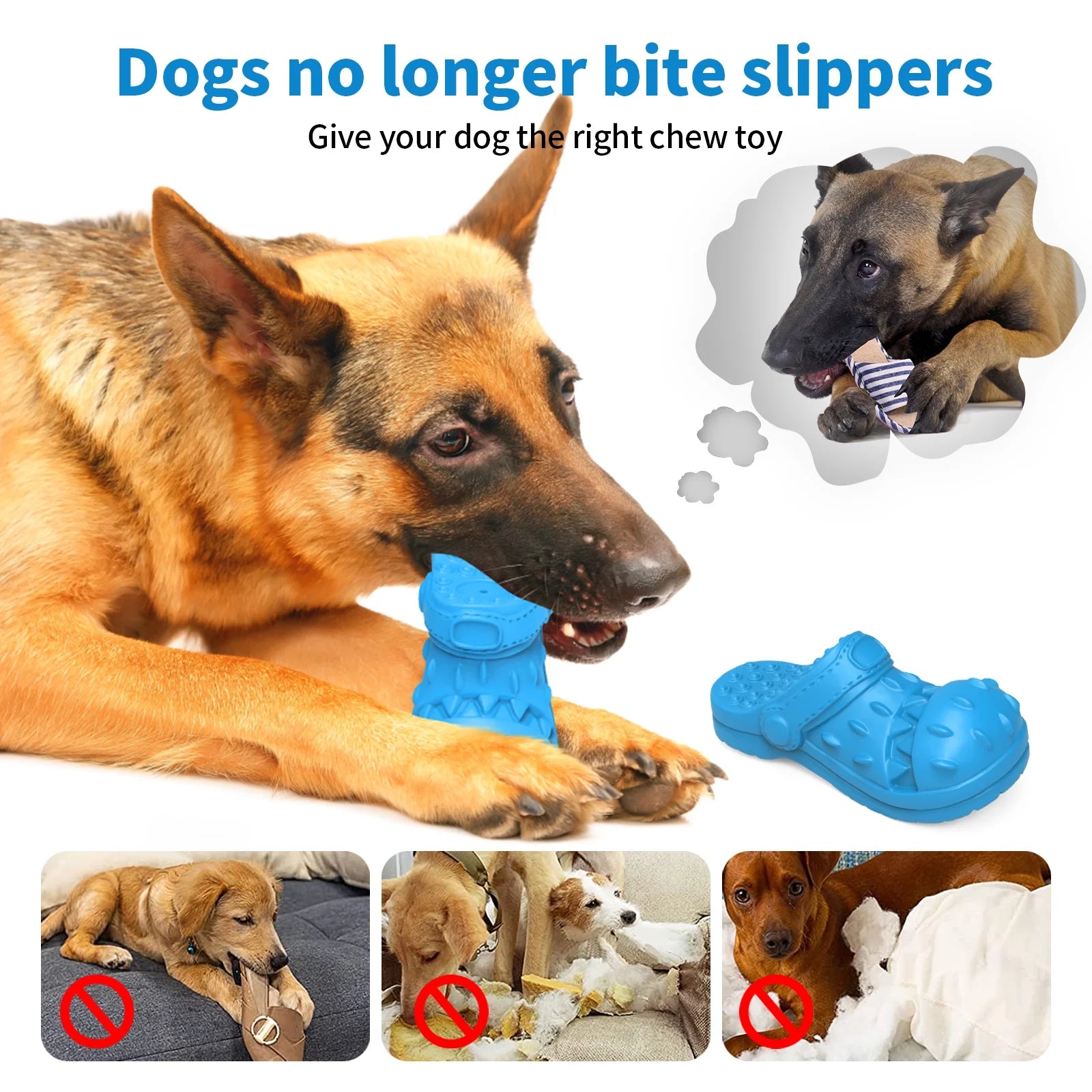 Squeaky Dog Chew Toys for Aggressive Chewers - Slipper Shape for Large Breed Puppies and Dogs - Blue