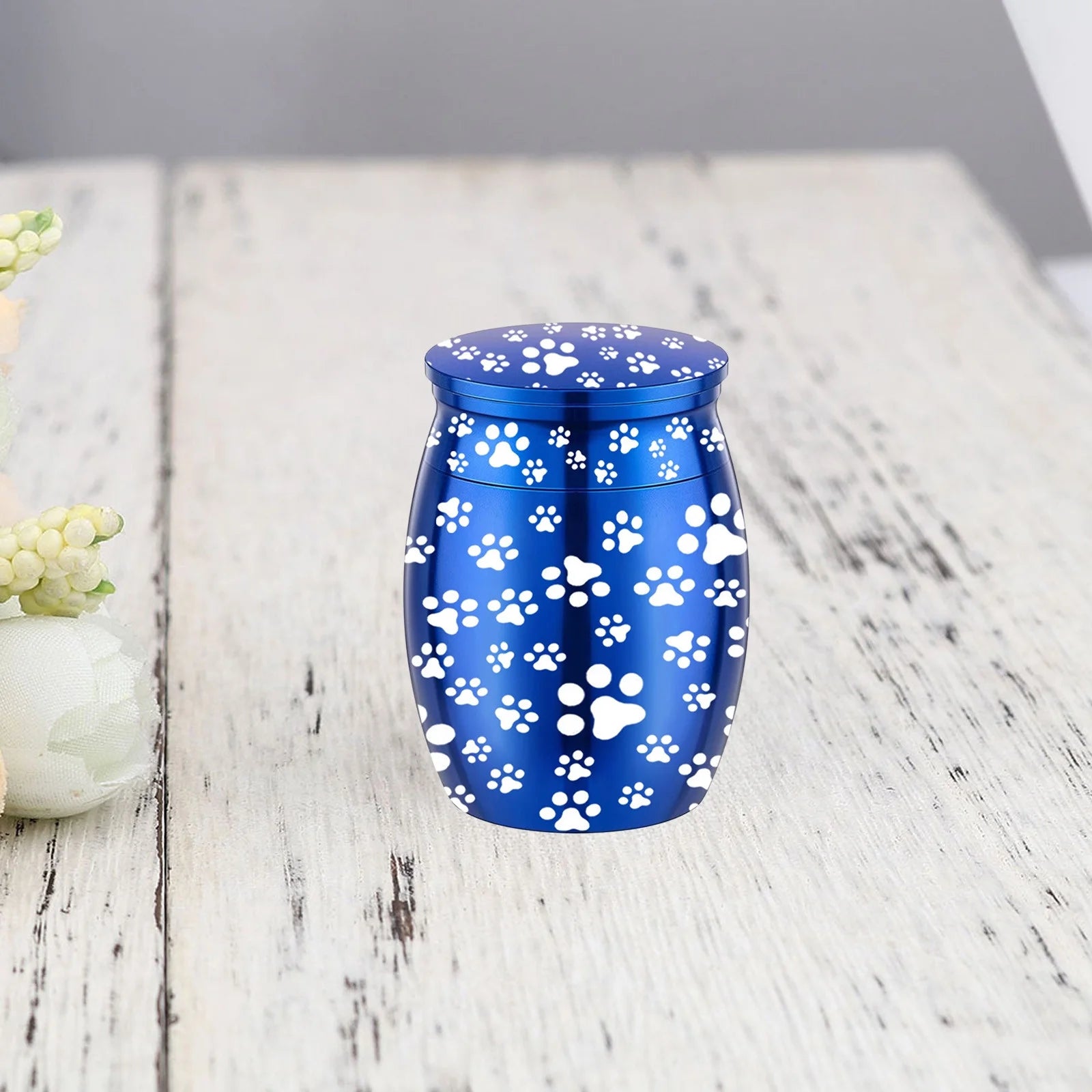 Indoor and Outdoor Decorations Metal Pet Urn Engraved Dog Paw Memorial Pet Urn Funeral Small Animals Cats Urns Blue