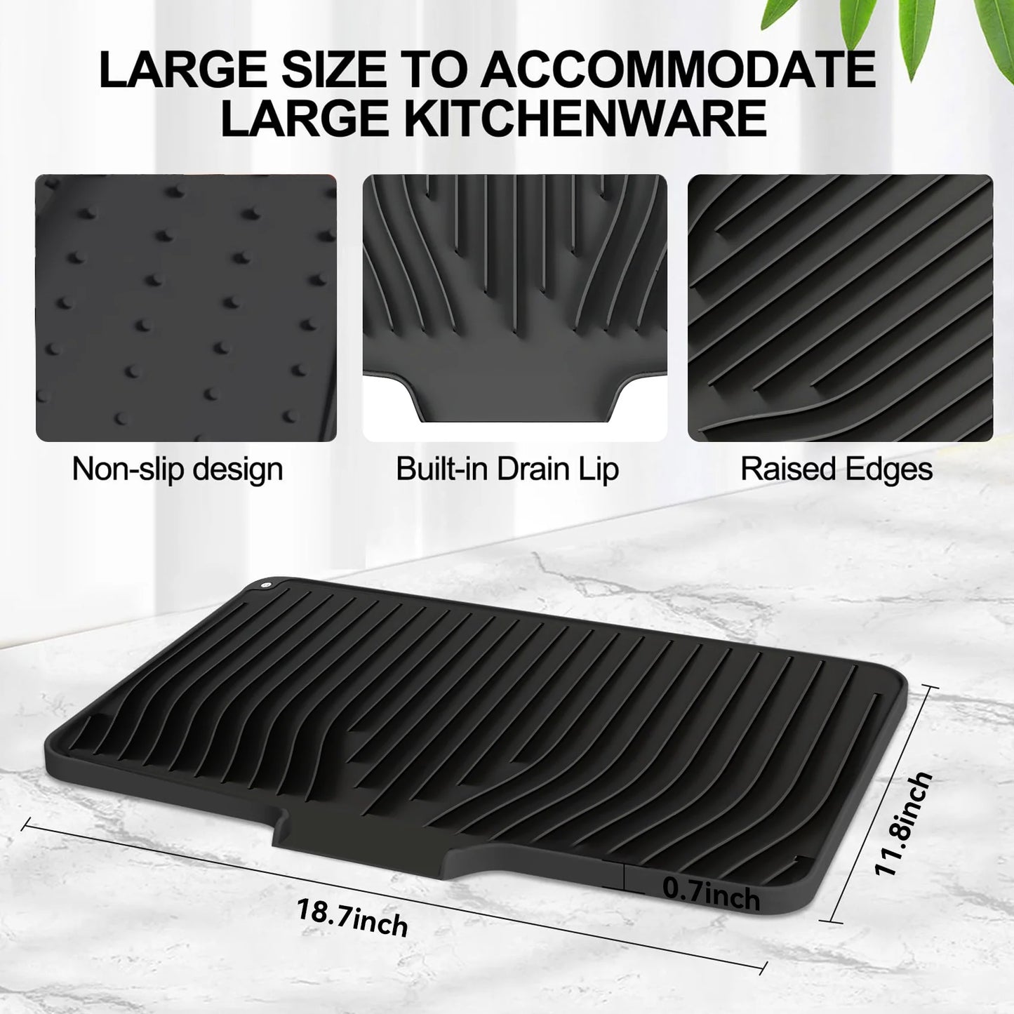 Silicone Dish Drying Mat with Drain Lip – Large 18.9"X13.8" Hygienic Counter Tray for Kitchen Sink, Easy to Clean, No Water Buildup