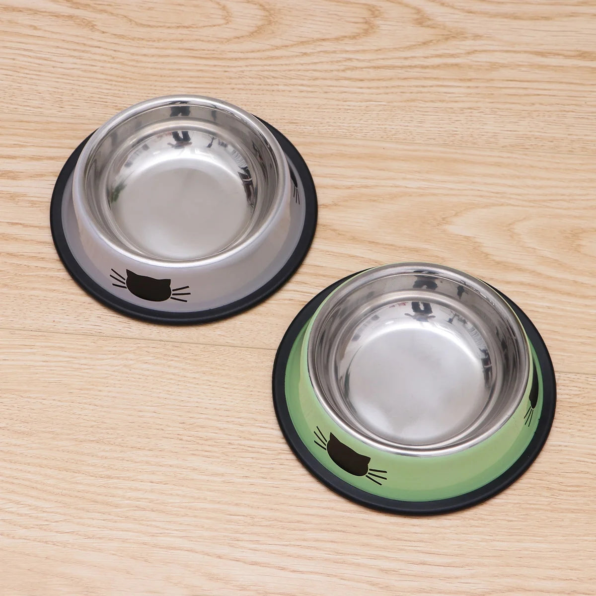 2Pc Stainless Steel Cat Bowl for Dish Water Dog Food Bowl Pet Kitten Cat Feeder (Grey and Green)