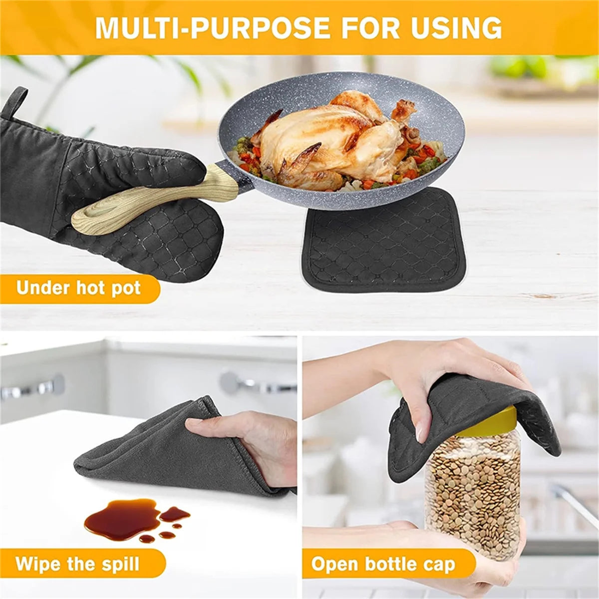 Oven Mitts and Pot Holders Sets, Heat Resistant Kitchen Oven Gloves, Non-Slip Silicone Surface, Extra Long Flexible Thick Mitts for Kitchen , Cooking , Baking , BBQ , Black, 4 Pieces
