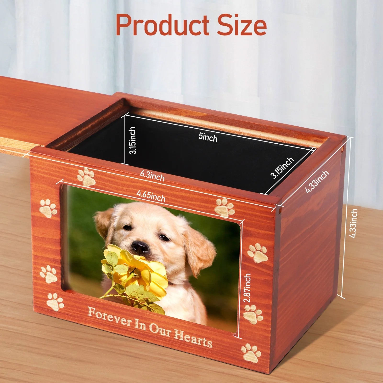 Pet Memorial Urns for Dog or Cat Ashes, Wooden Funeral Cremation Urns with Photo Frame, Memorial Keepsake Memory Box with Black Flannel as Lining, Pet Memorial Remembrance Gift