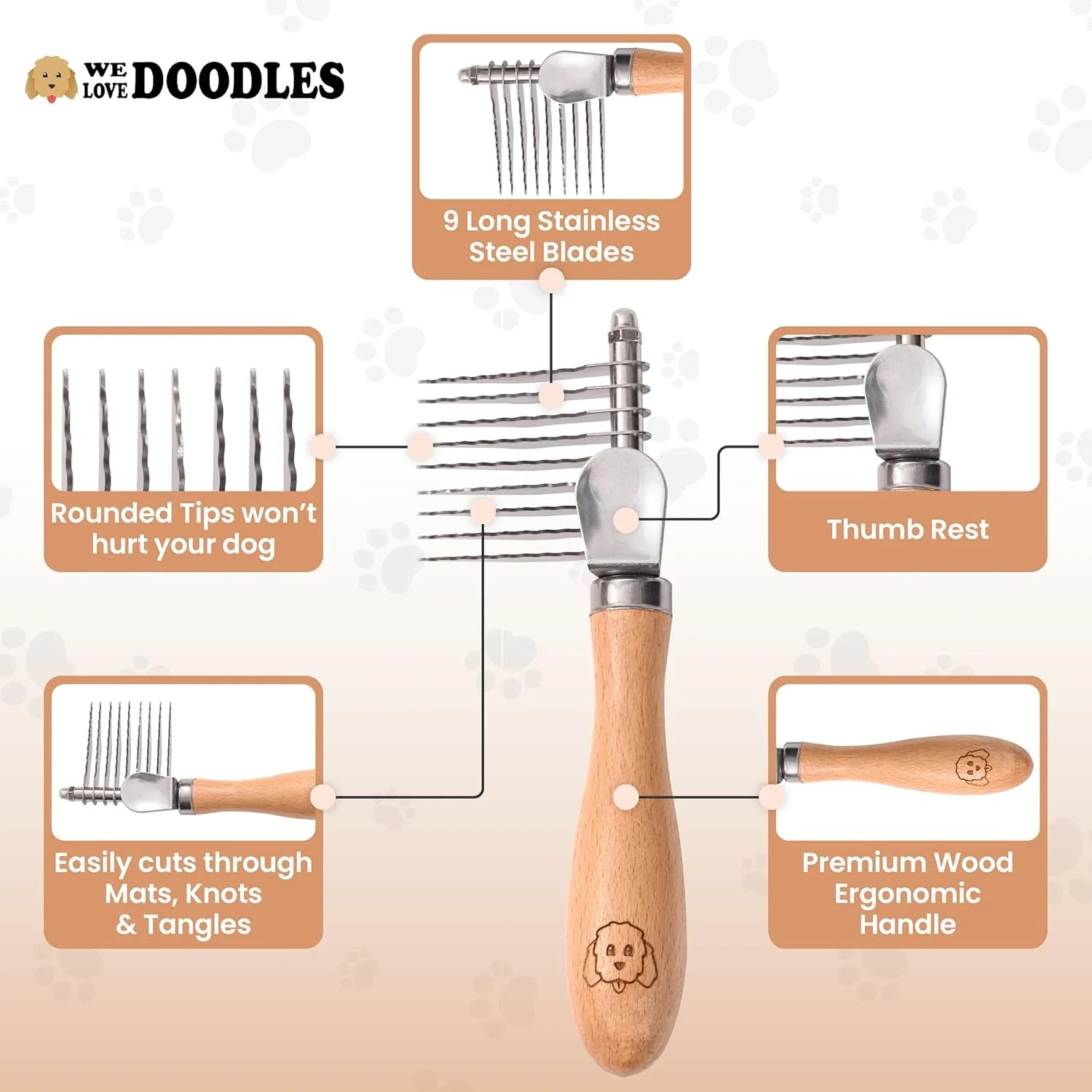 Dog Dematting Brush & Rake, Detangler Brush for Dogs, Comb Tool for Grooming, Best for Doodles, Poodles, Goldendoodles, Cats & Other Pets, Matted Fur Removal on Undercoat