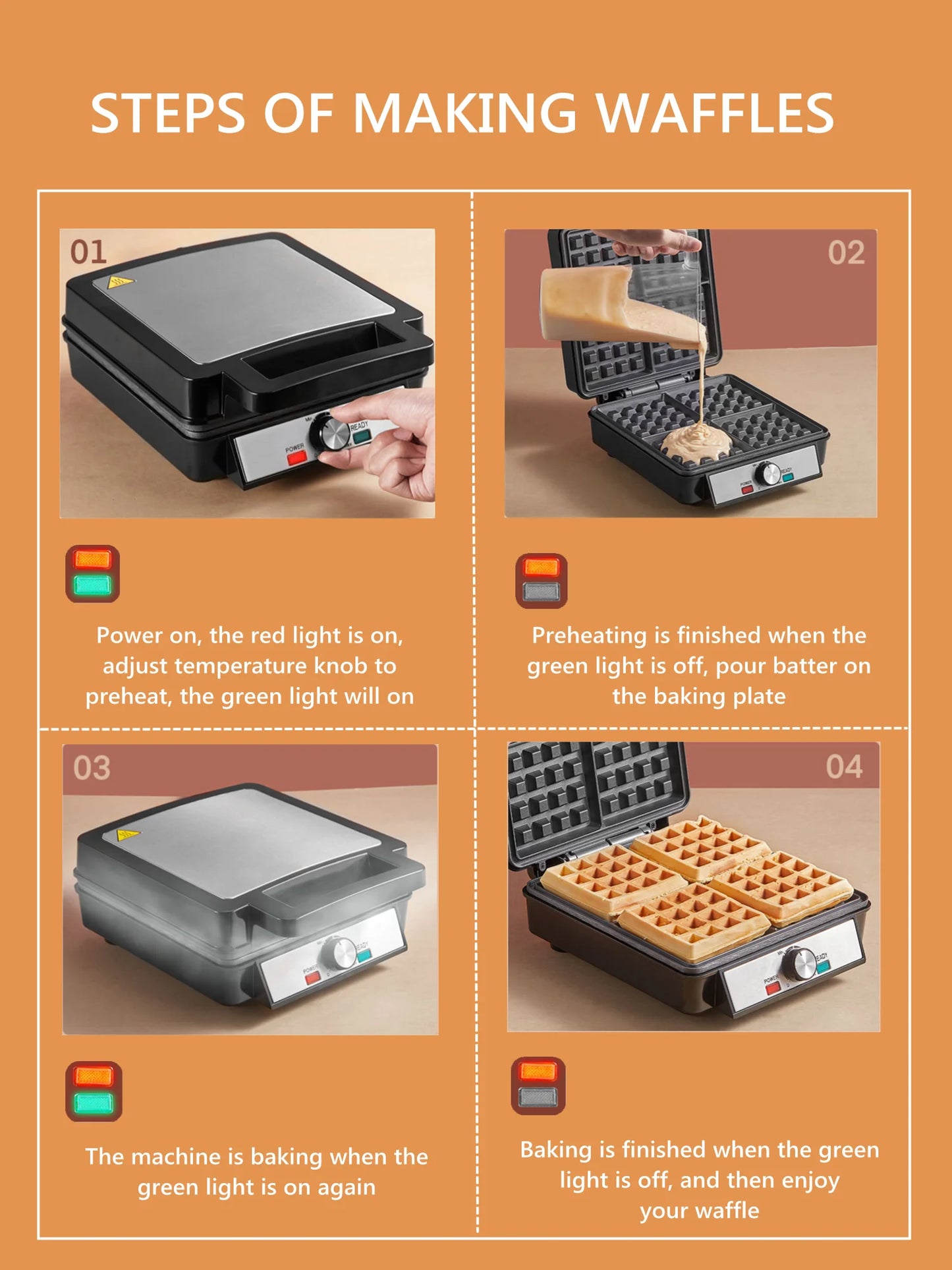 4-Waffle Electric Belgian Waffle Maker, Black Stainless Steel