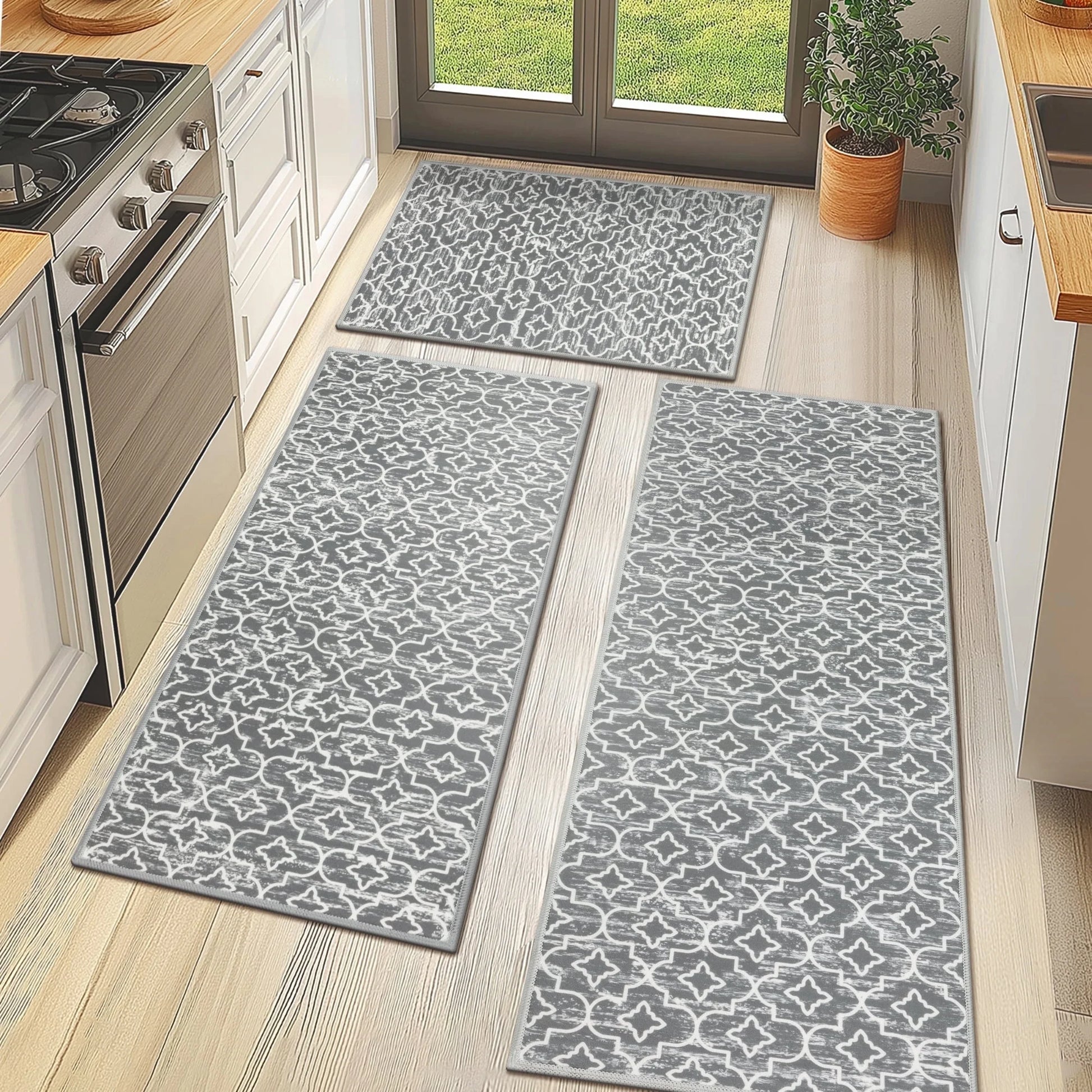 Gray Kitchen Rug Set 3 Piece, Non Slip Machine Washable Mats for Home Floor and Living Room