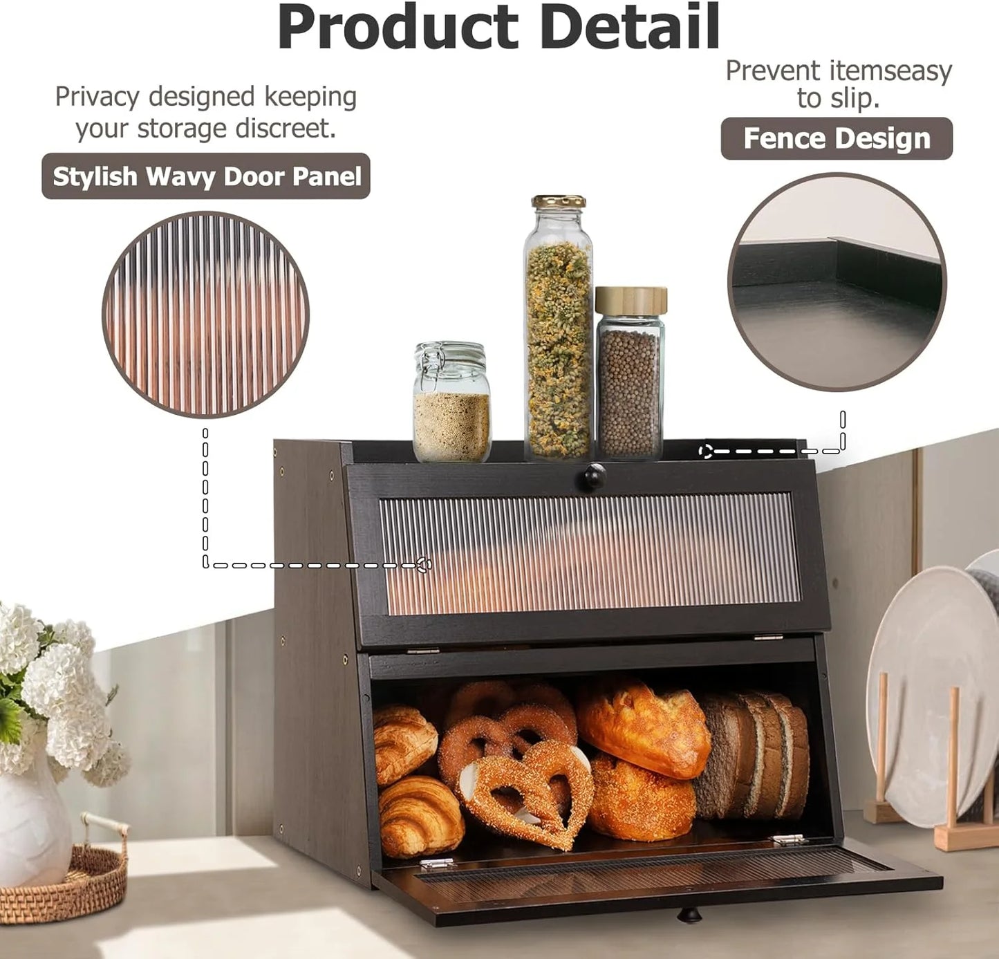 Pure Bamboo Bread Box, Roomy Two-Layer Breadbox for Kitchen Counters, Easy to Assembly Bread Storage Container (Black)