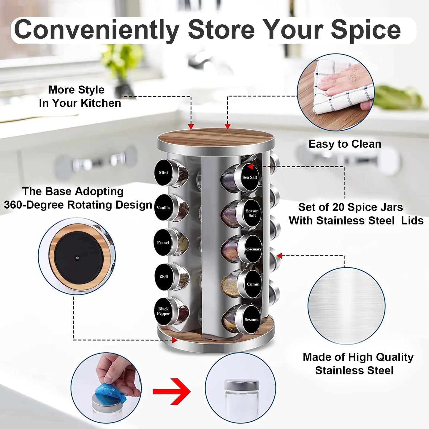 Rotating Spice Rack Organizer with Jars(20Pcs), Seasoning Organizer for Cabinet, Seasoning Rack for Countertop Kitchen, Revolving Stainless Steel Spice Organizer