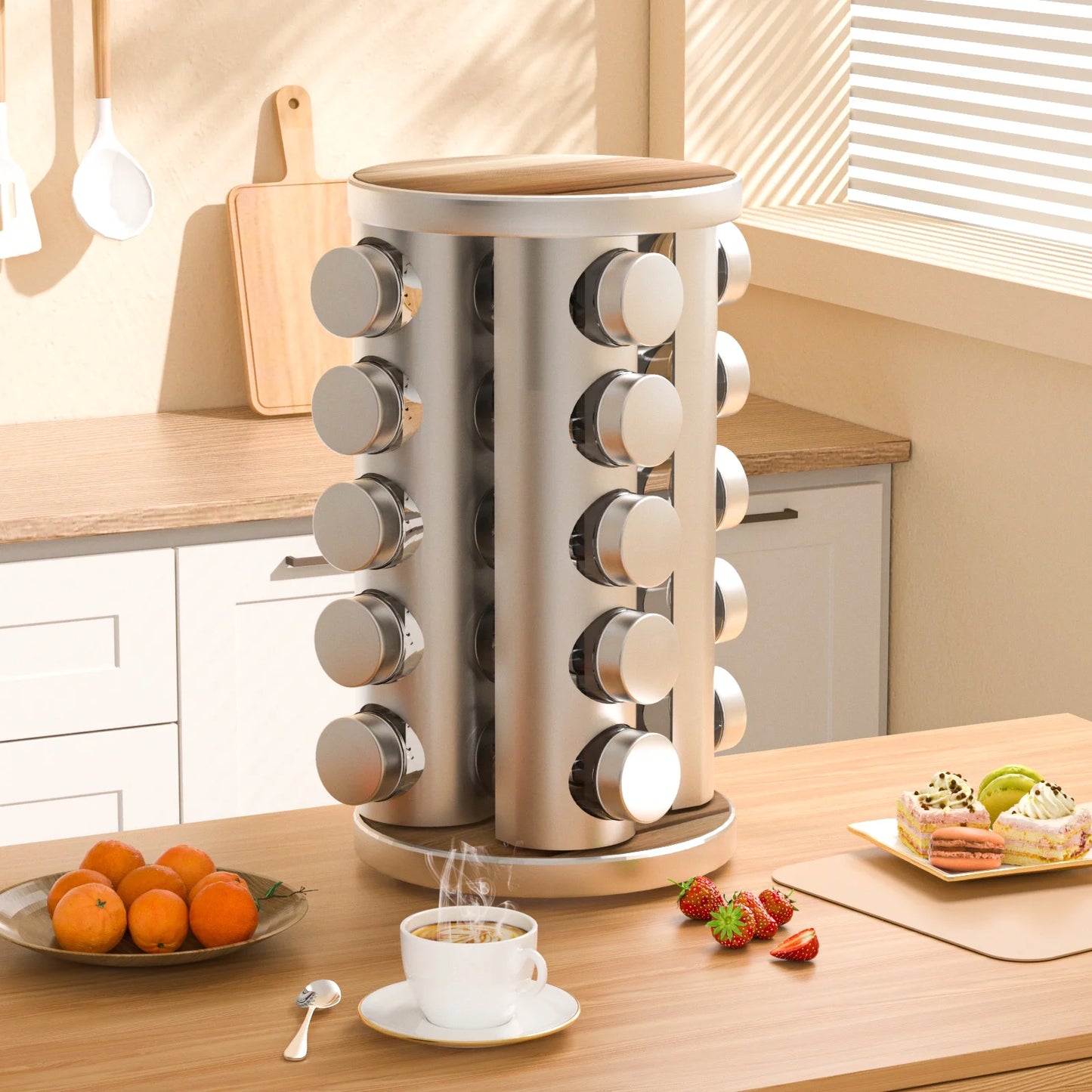 Rotating Spice Rack Organizer with Jars(20Pcs), Seasoning Organizer for Cabinet, Seasoning Rack for Countertop Kitchen, Revolving Stainless Steel Spice Organizer