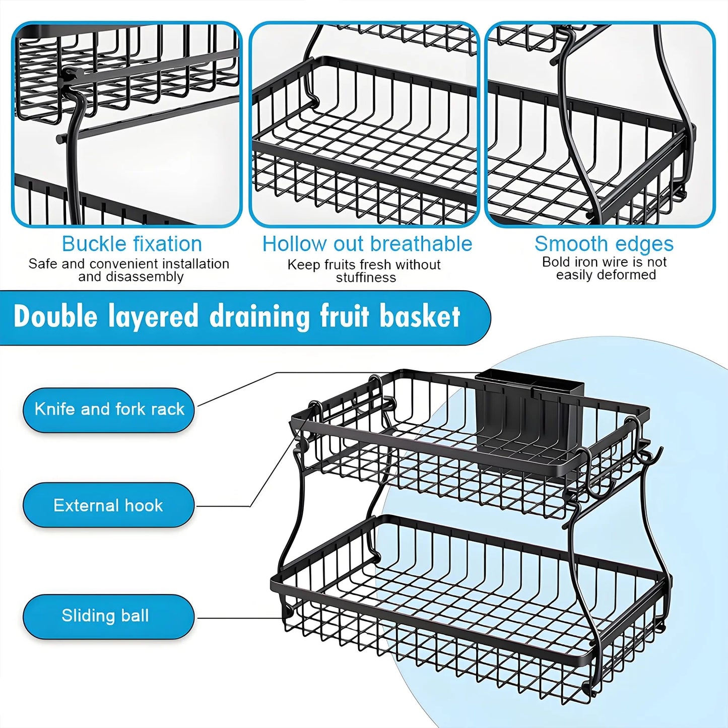 2-Tier Countertop Fruit Basket - Black Metal Organizer W/4 Banana Hooks & Knife Holder, 10X3X16In for Kitchen/Dining Room