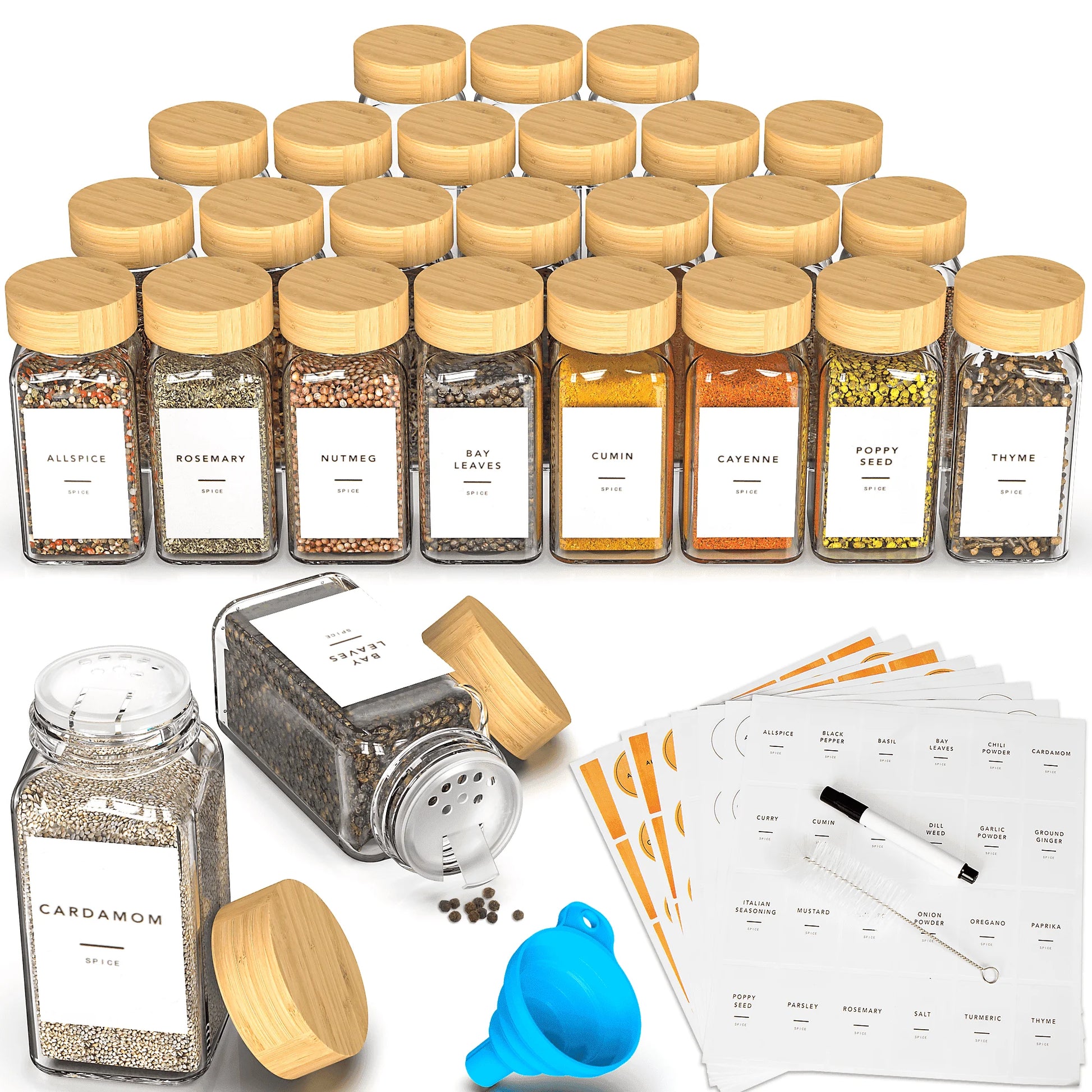 24 Pack Glass Spice Jar,Bamboo Lid Glass Spice Jars, Kitchen Spice Storage Jar, Spice Storage Jar,Kitchen Food Storage Tanks,Preprinted Spice Labels,Kitchen Organizer