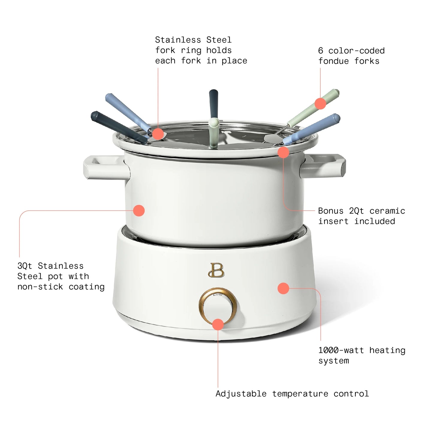 3 Qt Electric Fondue Set with Bonus 2 Qt Ceramic Pot, White Icing by Drew Barrymore
