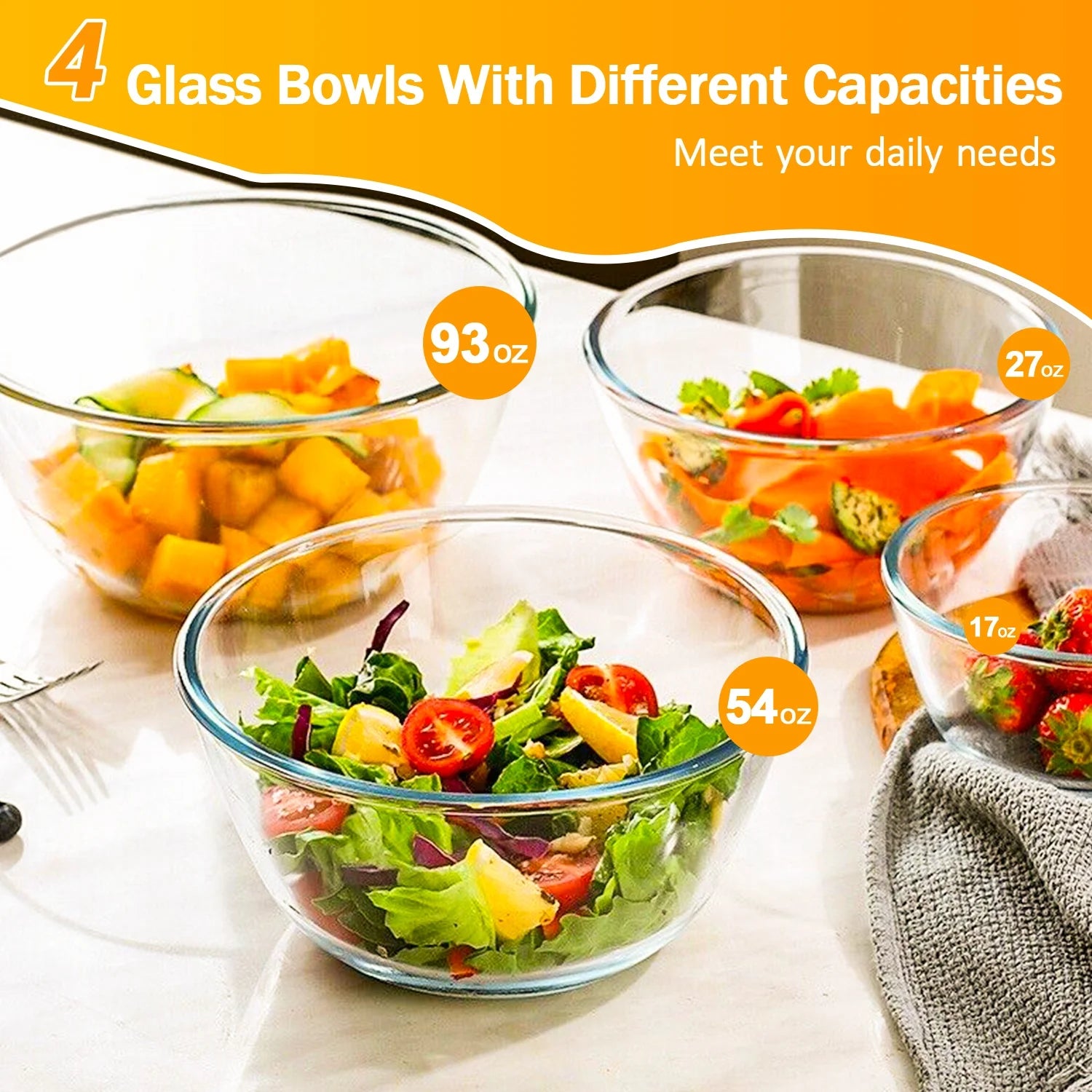 Glass Mixing Bowls Set, 4 Pack Glass Mixing Bowls with Lids, Nesting Storage Bowls for Kitchen,0.5/0.75/1.5/2.5 QT Great for Prep, Baking, Serving