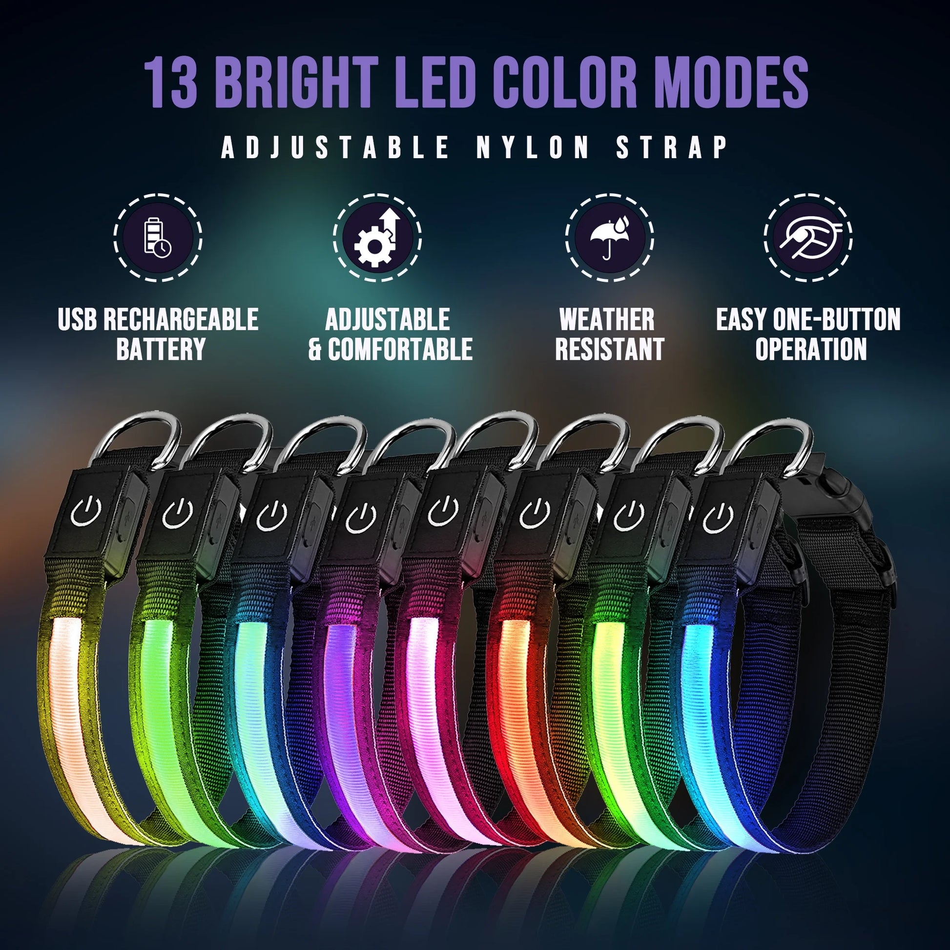 LED Illuminated Dog Collar, USB Rechargeable, Waterproof Safety Collar for Medium/Large Dogs, Adjustable Nylon Design