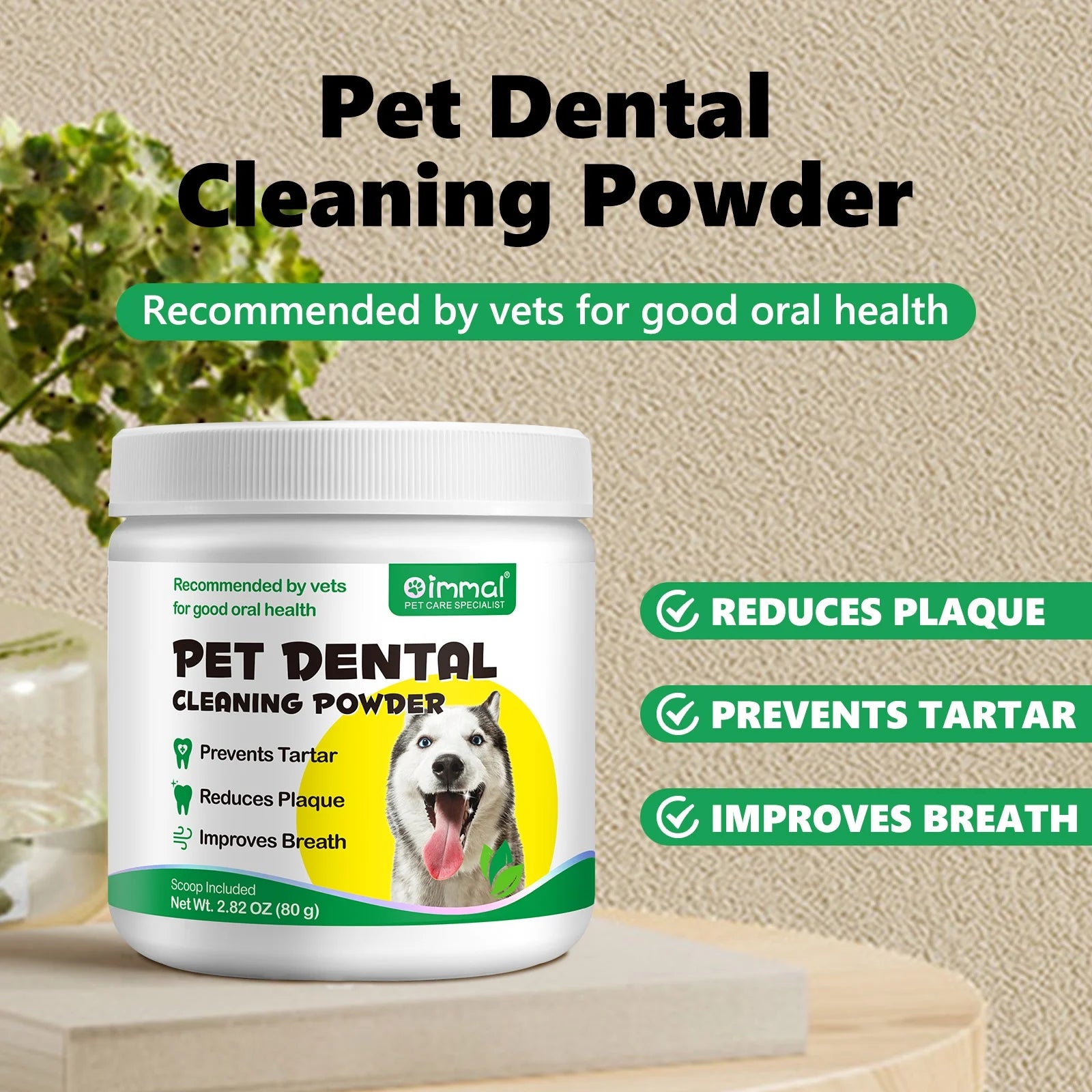 Dental Health Powder for Dogs, Dog Oral Care Dental Care Powder with Probiotics, Dog Teeth Cleaning, Fresh Breath, Plaque, Tartar - 80G