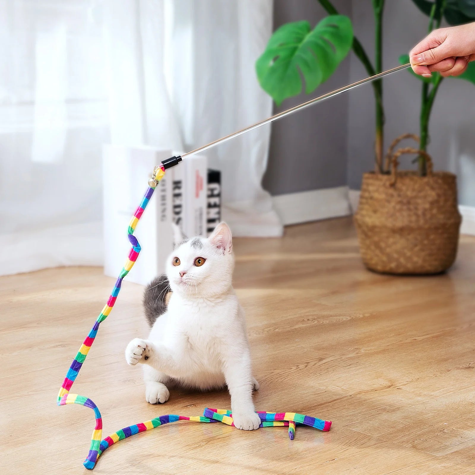 Interactive Cat Feather Toys for Indoor Cats Kittens,2 Retractable Cat Teaser Wand and 1 Rainbow Wand with 9 Refills and 2 Spare Hook(14 Pack)